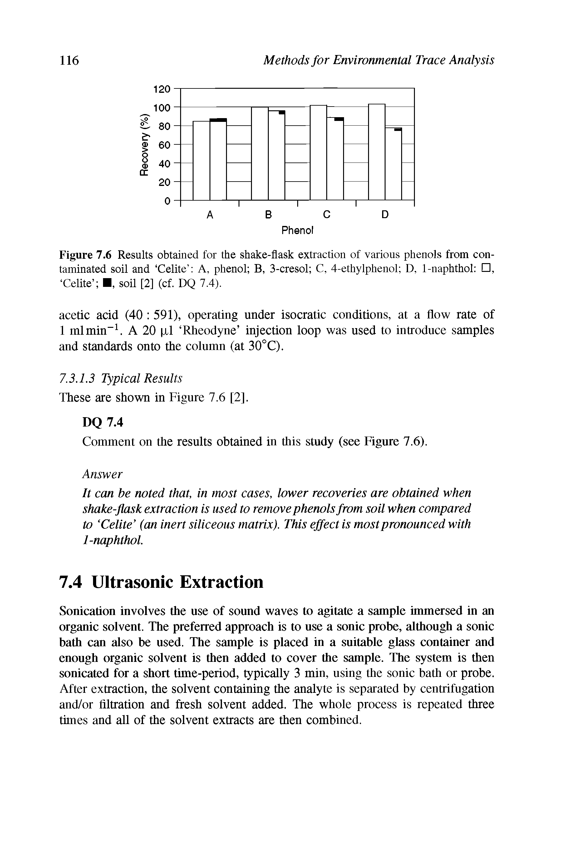 Figure 7.6 Results obtained for the shake-flask extraction of various phenols from contaminated soil and Celite A, phenol B, 3-cresol C, 4-ethylphenol D, 1-naphthol , Celite . soil [2] (cf. DQ 7.4).