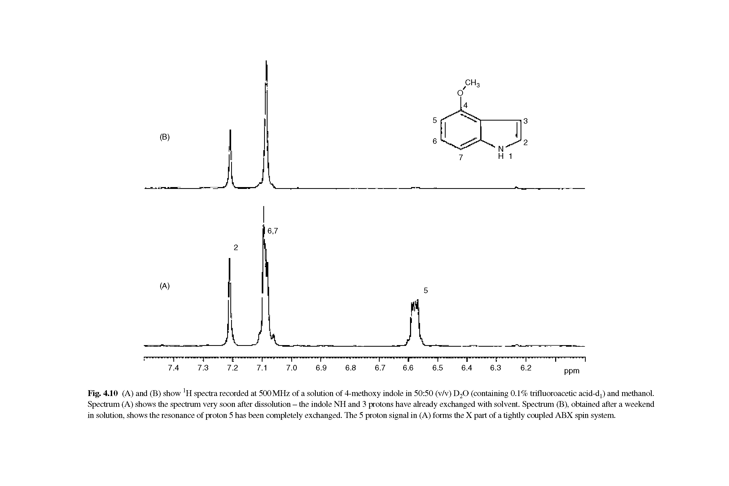 Fig. 4.10 (A) and (B) show H spectra recorded at 500 MHz of a solution of 4-methoxy indole in 50 50 (v/v) D2O (containing 0.1% trifluoroacetic acid-dj) and methanol. Spectrum (A) shows the spectrum very soon after dissolution - the indole NH and 3 protons have already exchanged with solvent. Spectrum (B), obtained after a weekend in solution, shows the resonance of proton 5 has been completely exchanged. The 5 proton signal in (A) forms the X part of a tightly coupled ABX spin system.