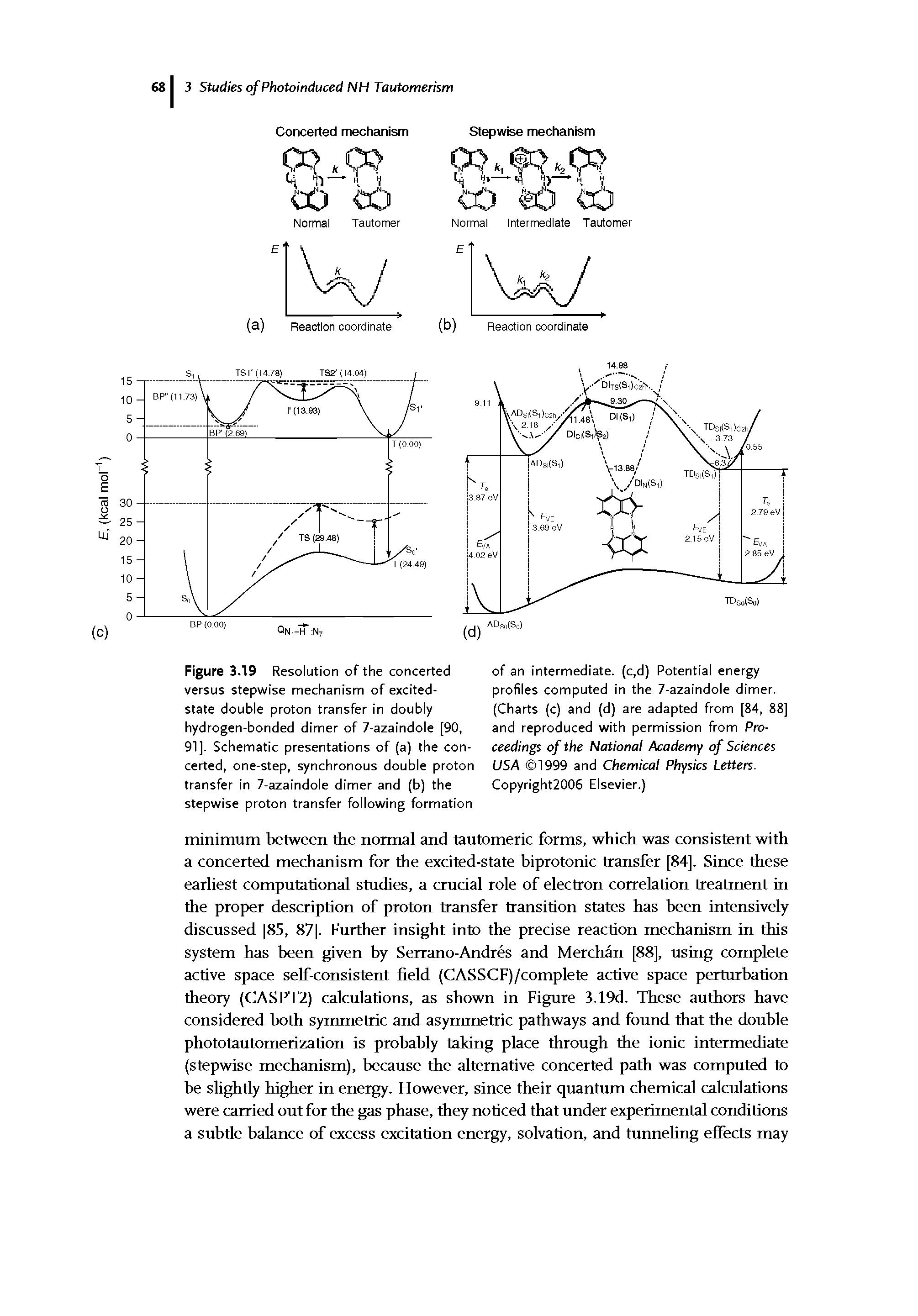 Figure 3.19 Resolution of the concerted versus stepwise mechanism of excited-state double proton transfer in doubly hydrogen-bonded dimer of 7-azaindole [90, 91]. Schematic presentations of (a) the concerted, one-step, synchronous double proton transfer in 7-azaindole dimer and (b) the stepwise proton transfer following formation...