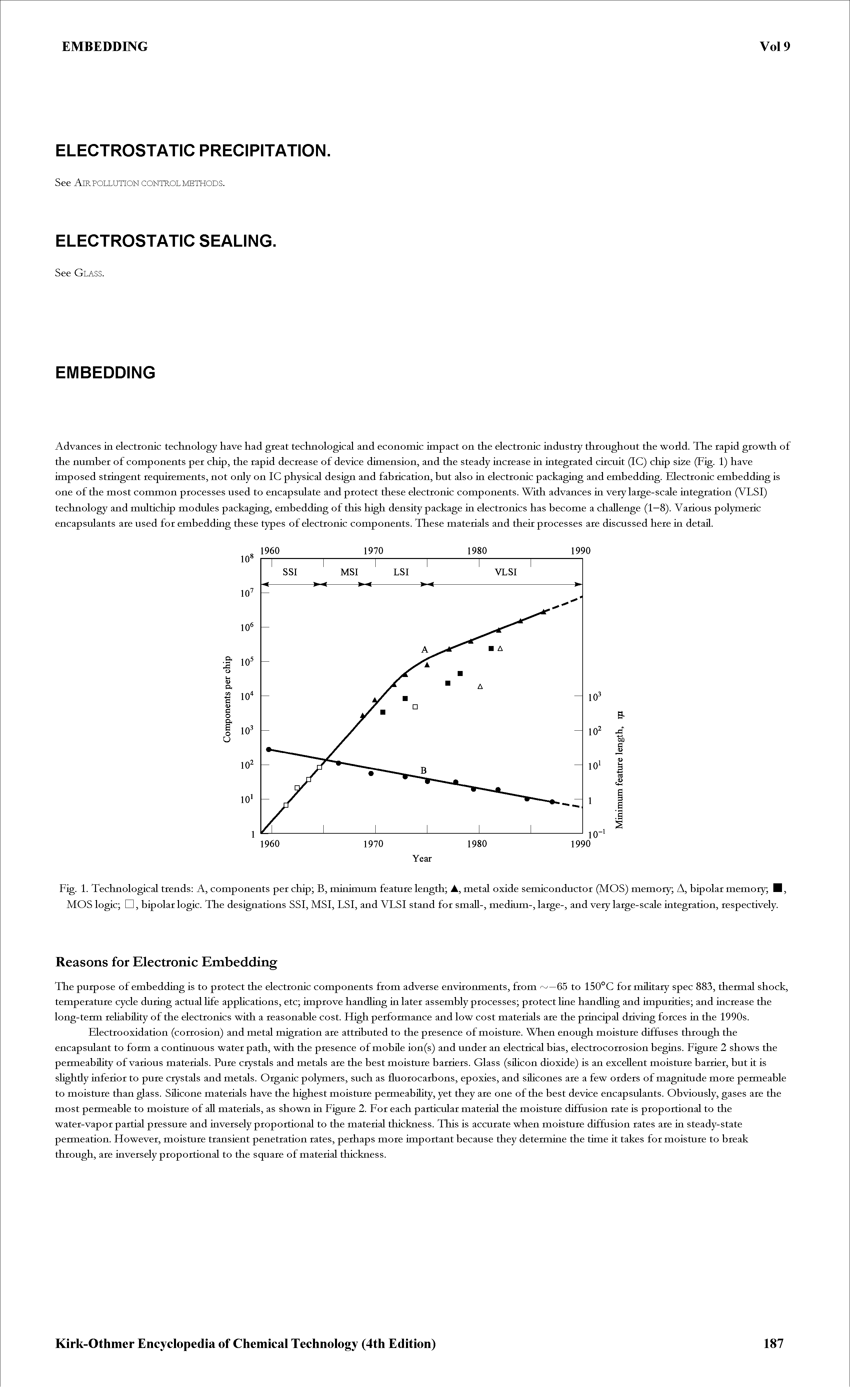 Fig. 1. Technological trends A, components per chip B, minimum feature length , metal oxide semiconductor (MOS) memory A, bipolar memory I MOS logic n, bipolar logic. The designations SSI, MSI, LSI, and VLSI stand for small-, medium-, large-, and very large-scale iategration, respectively.