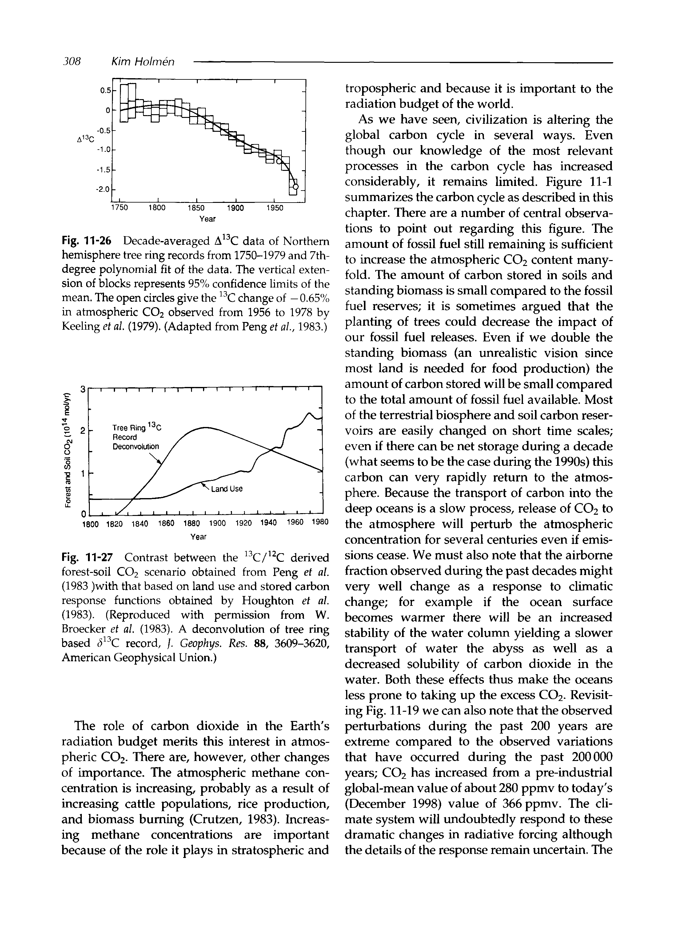 Fig. 11-26 Decade-averaged data of Northern hemisphere tree ring records from 1750-1979 and 7th-degree polynomial fit of the data. The vertical extension of blocks represents 95% confidence limits of the mean. The open circles give the change of —0.65% in atmospheric CO2 observed from 1956 to 1978 by Keeling et al. (1979). (Adapted from Peng et al, 1983.)...