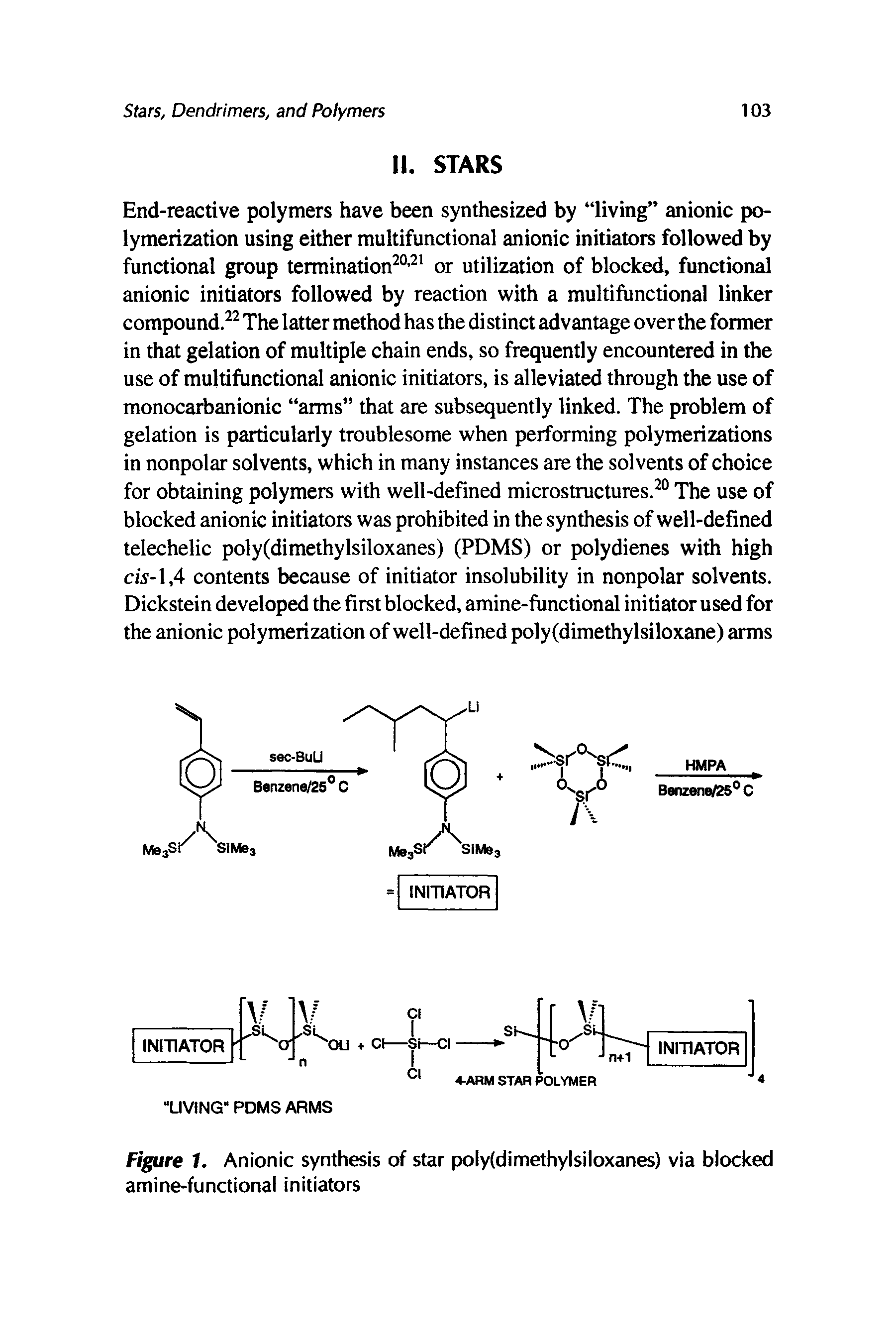 Figure 1. Anionic synthesis of star poly(dimethylsiloxanes) via blocked amine-functional initiators...