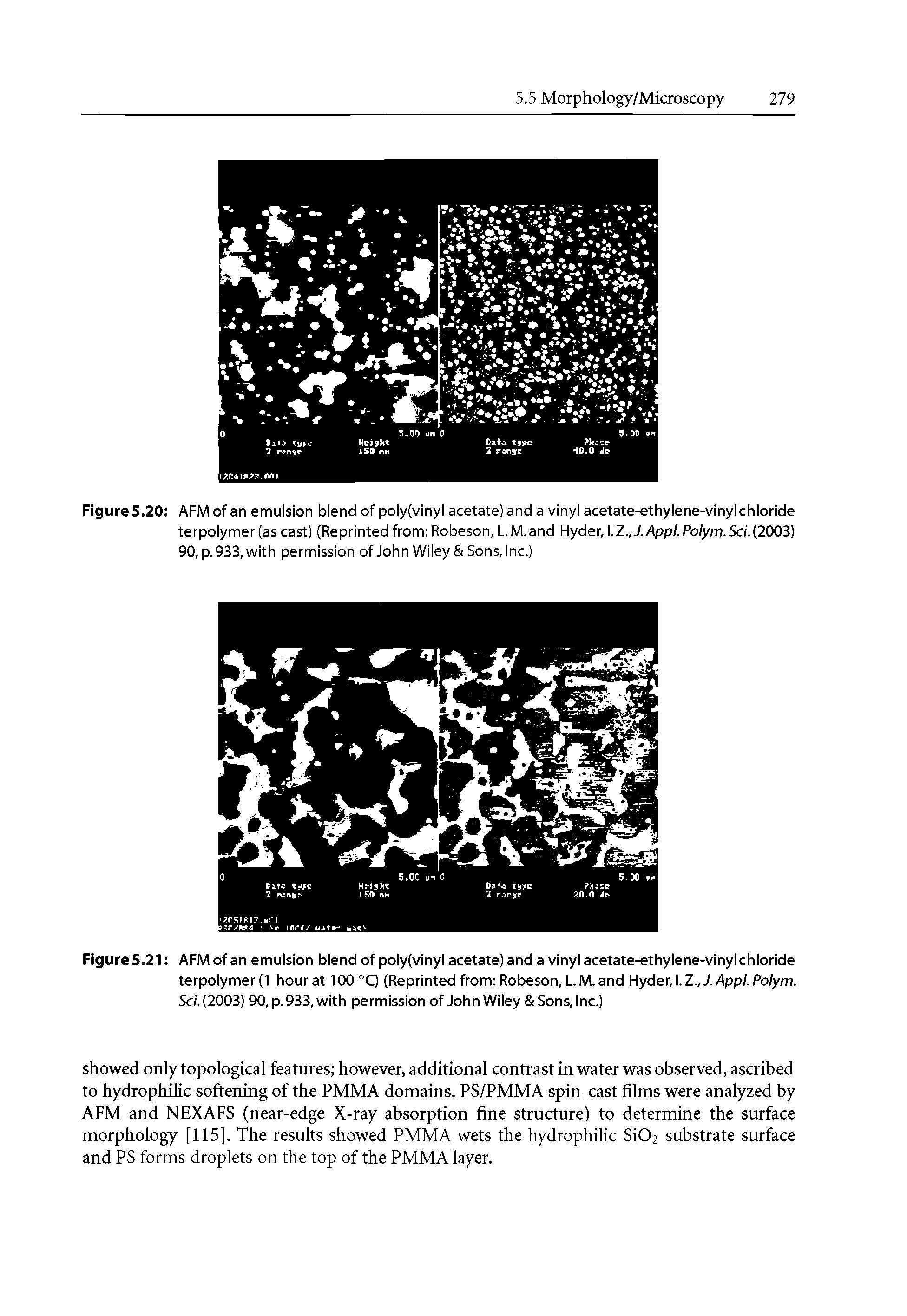Figure5.20 AFM of an emulsion blend of poly(vinyl acetate) and a vinyl acetate-ethylene-vinylchloride terpolymer (as cast) (Reprinted from Robeson, L.M.and Hyder,. Z.,J.Appl.Polym.Sci.(2003) 90, p. 933, with permission of John Wiley Sons, Inc.)...
