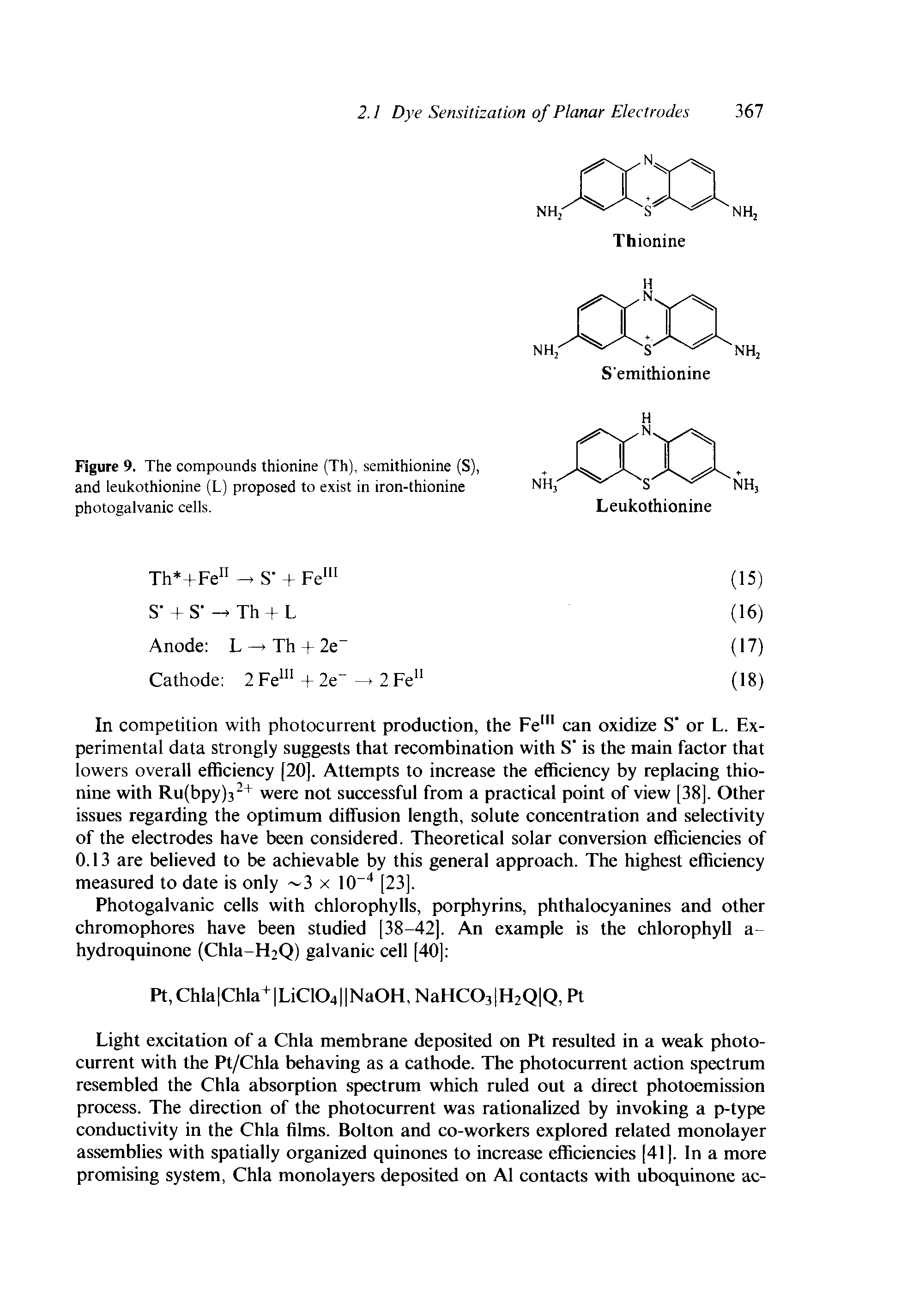 Figure 9. The compounds thionine (Th), semithionine (S), and leukothionine (L) proposed to exist in iron-thionine photogalvanic cells.