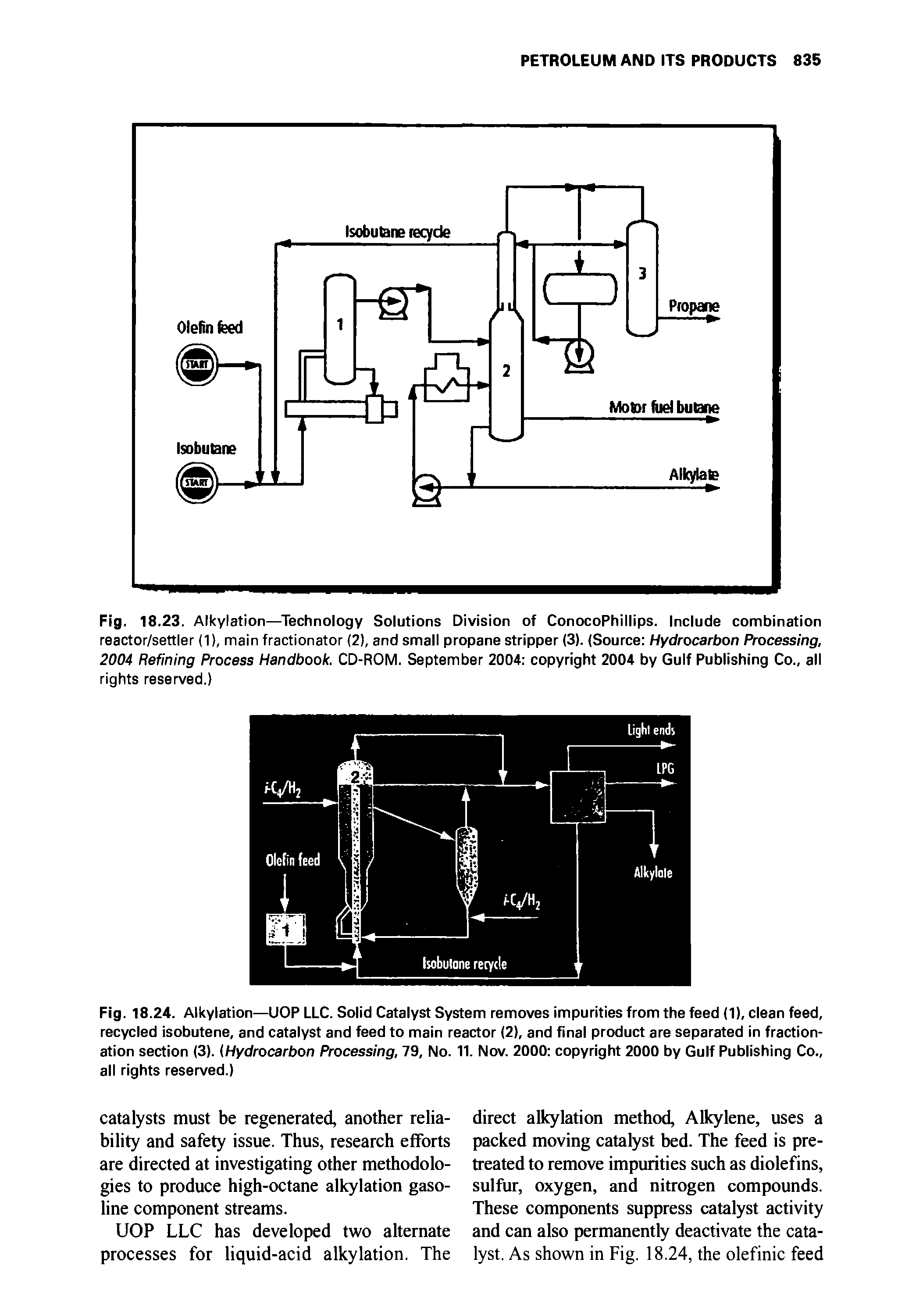 Fig. 18.23. Alkylation—Technology Solutions Division of ConocoPhillips. Include combination reactor/settler (1), main fractionator (2), and small propane stripper (3). (Source Hydrocarbon Processing, 2004 Refining Process Handbook. CD-ROM. September 2004 copyright 2004 by Gulf Publishing Co., all rights reserved.)...