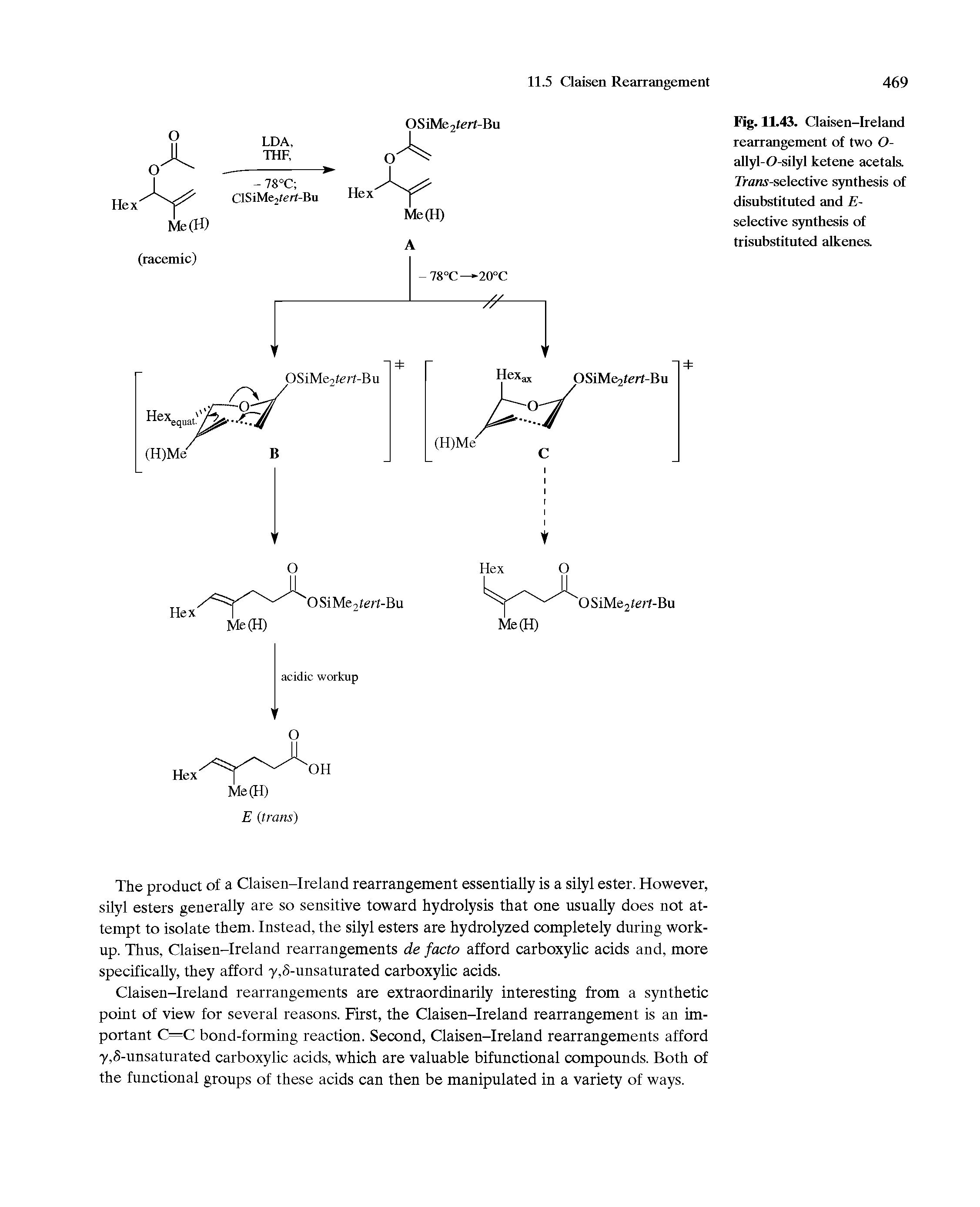 Fig. 11.43. Claisen-Ireland rearrangement of two O-allyl-O-silyl ketene acetals. 7ran.v-sclective synthesis of disubstituted and E-selective synthesis of trisubstituted alkenes.