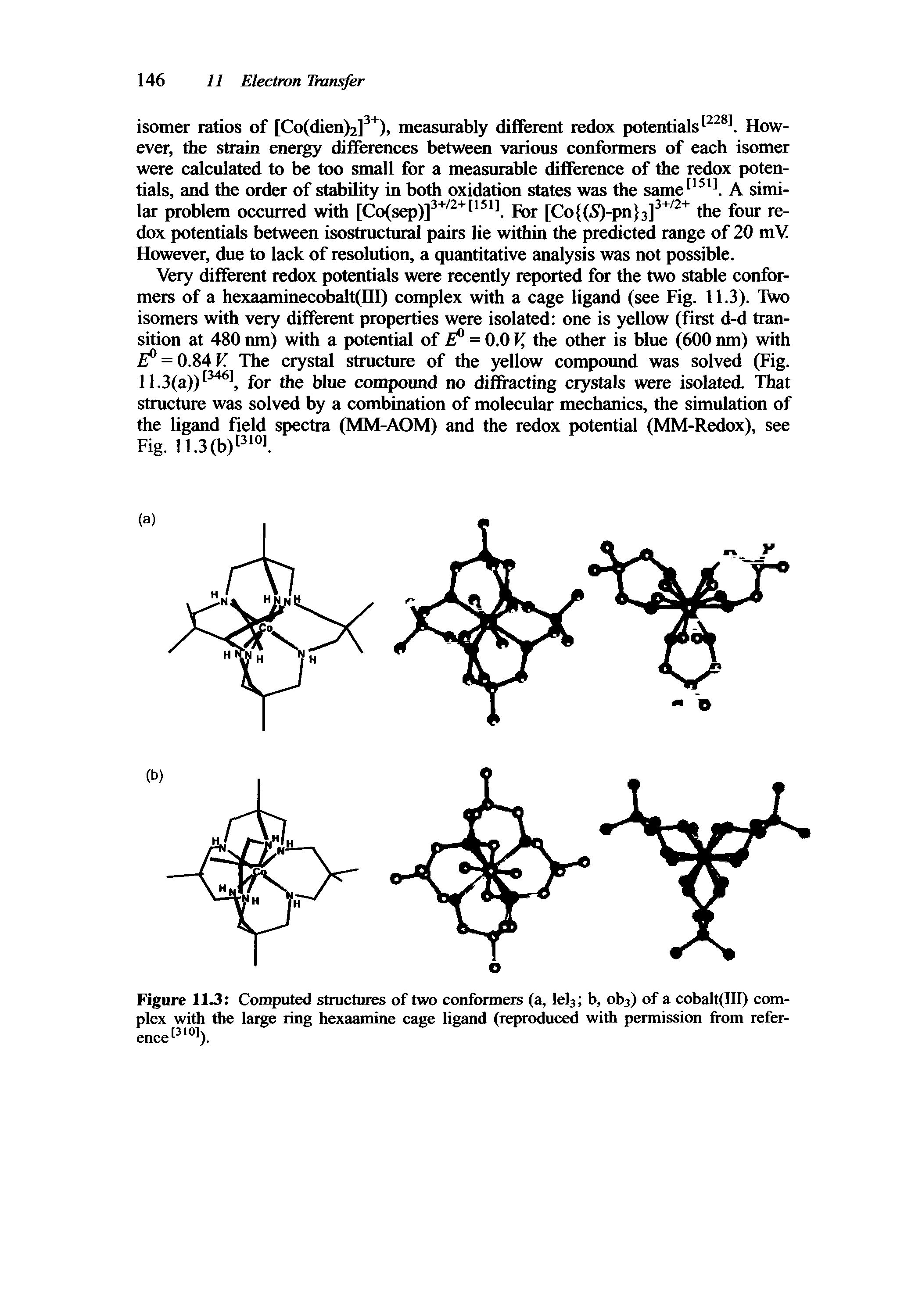 Figure 113 Computed structures of two conformers (a, lel3 b, ob3) of a cobalt(III) complex with the large ring hexaamine cage ligand (reproduced with permission from reference13101).