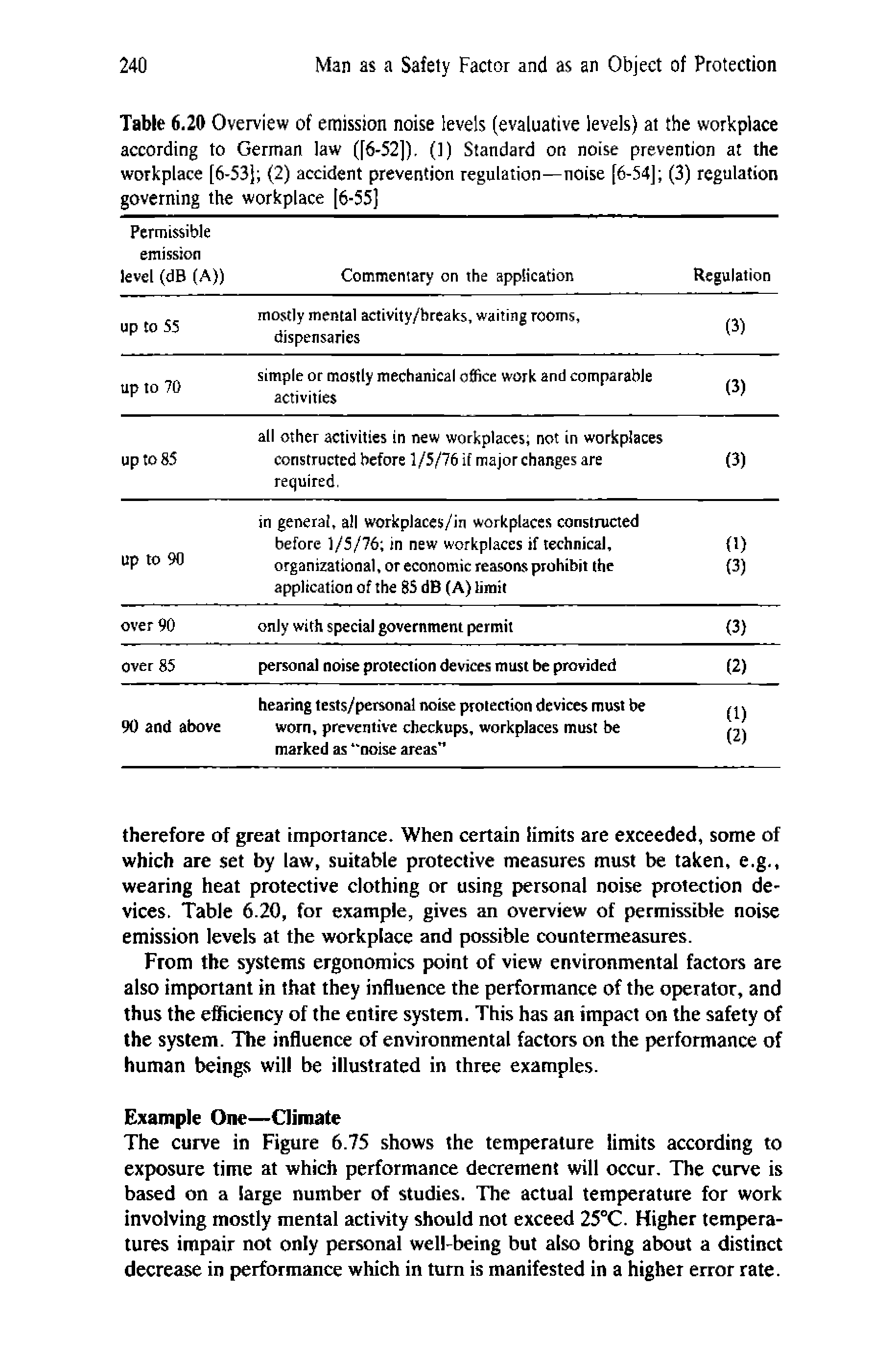 Table 6.20 Overview of emission noise levels (evaluative levels) at the workplace according to German law ([6-52]), (1) Standard on noise prevention at the workplace [6-53] (2) accident prevention regulation—noise [6-54] (3) regulation governing the workplace [6-55]...
