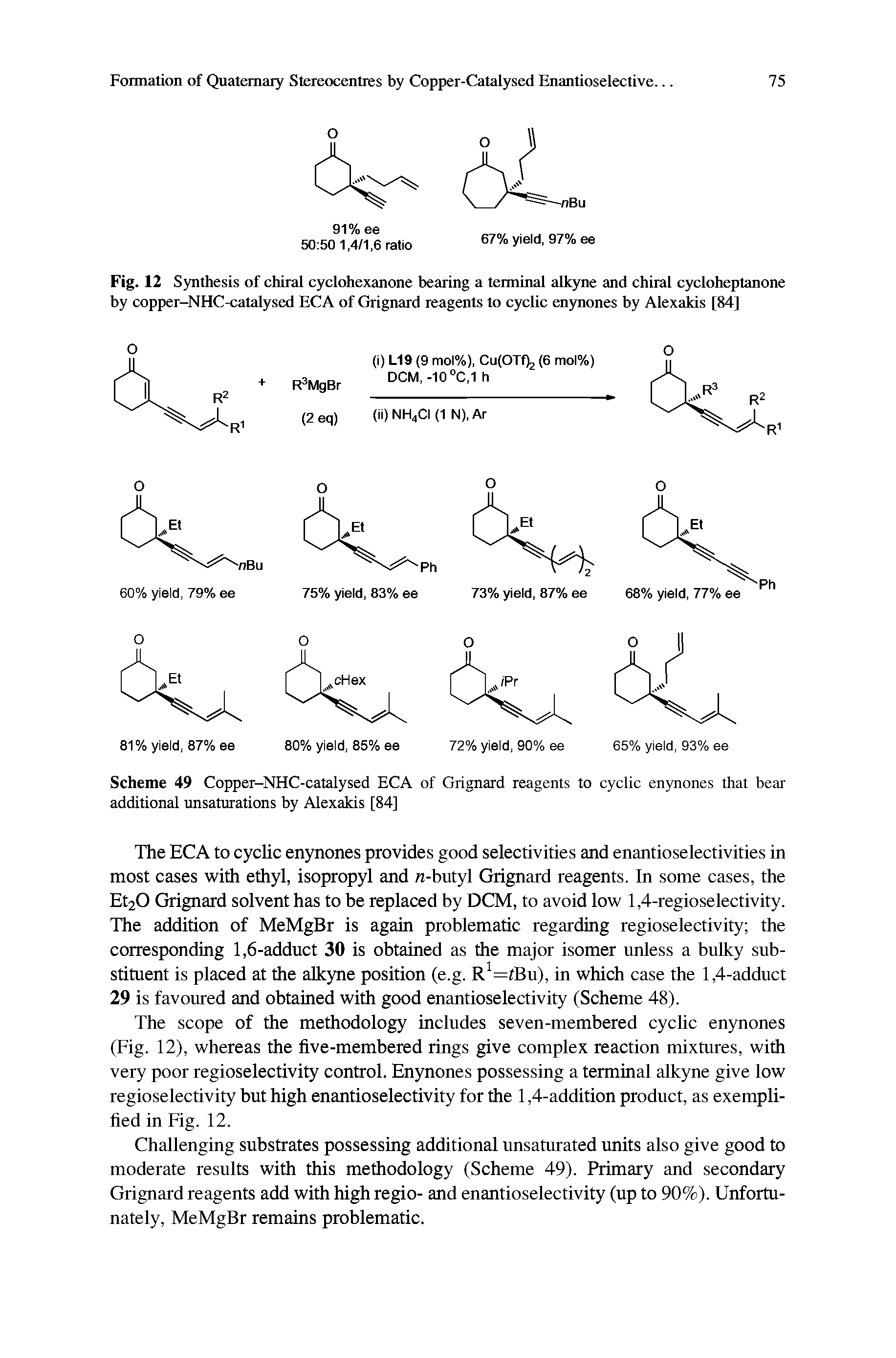 Fig. 12 Synthesis of chiral cyclohexanone bearing a terminal alkyne and chiral cycloheptanone by copper-NHC-catalysed ECA of Grignard reagents to cyclic enynones by Alexalds [84]...