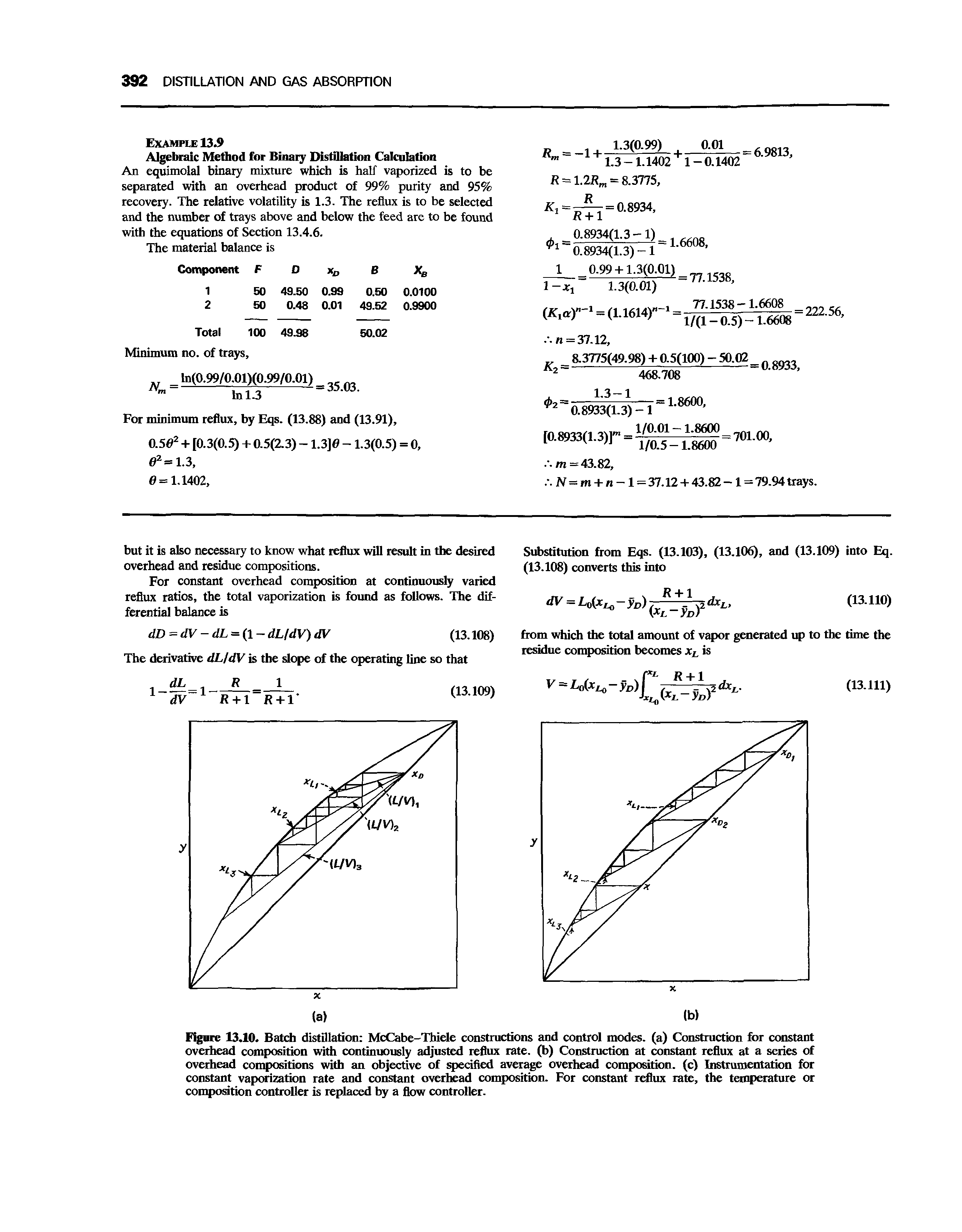 Figure 13.10. Batch distillation McCabe-Thiele constructions and control modes, (a) Construction for constant overhead composition with continuously adjusted reflux rate, (b) Construction at constant reflux at a series of overhead compositions with an objective of specified average overhead composition, (c) Instrumentation for constant vaporization rate and constant overhead composition. For constant reflux rate, the temperature or composition controller is replaced by a flow controller.