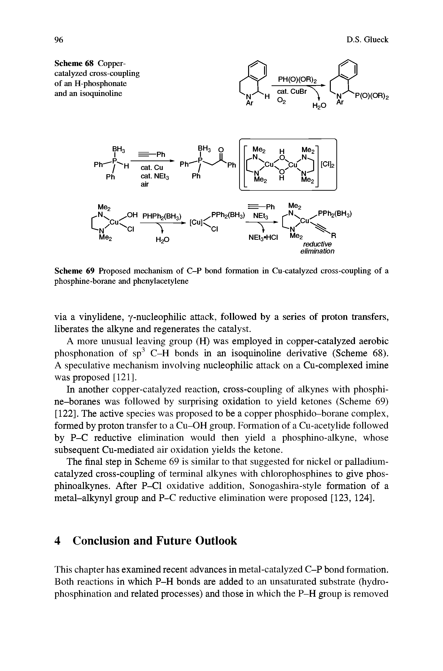 Scheme 69 Proposed mechanism of C-P bond formation in Cu-catalyzed cross-coupling of a phosphine-borane and phenylacetylene...
