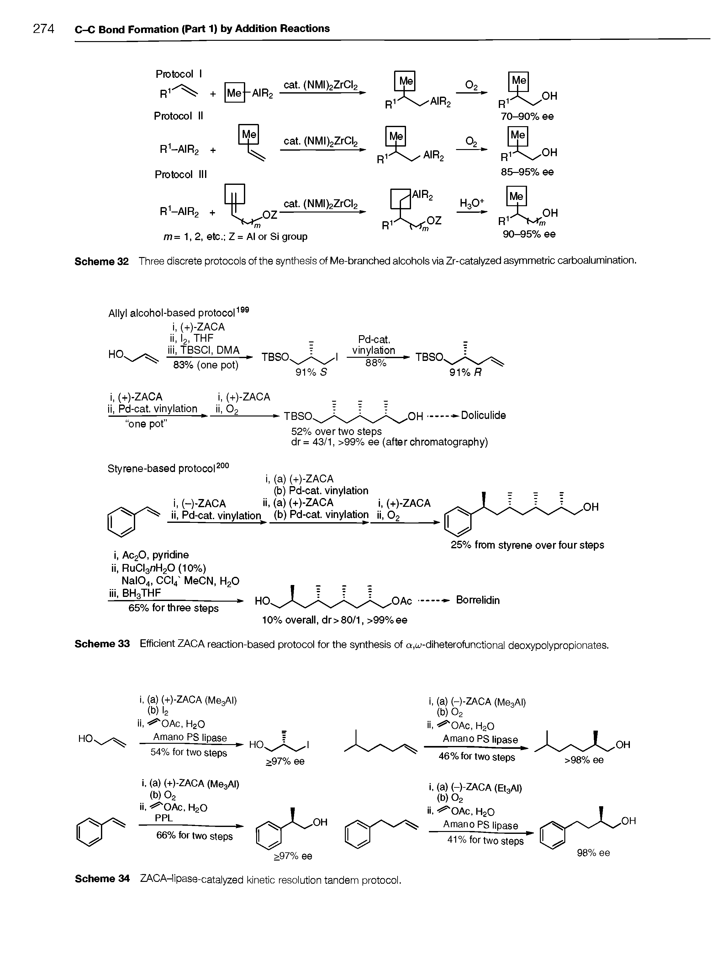 Scheme 32 Three discrete protocols of the synthesis of Me-branched alcohols via Zr-catalyzed asymmetric carboalumination.
