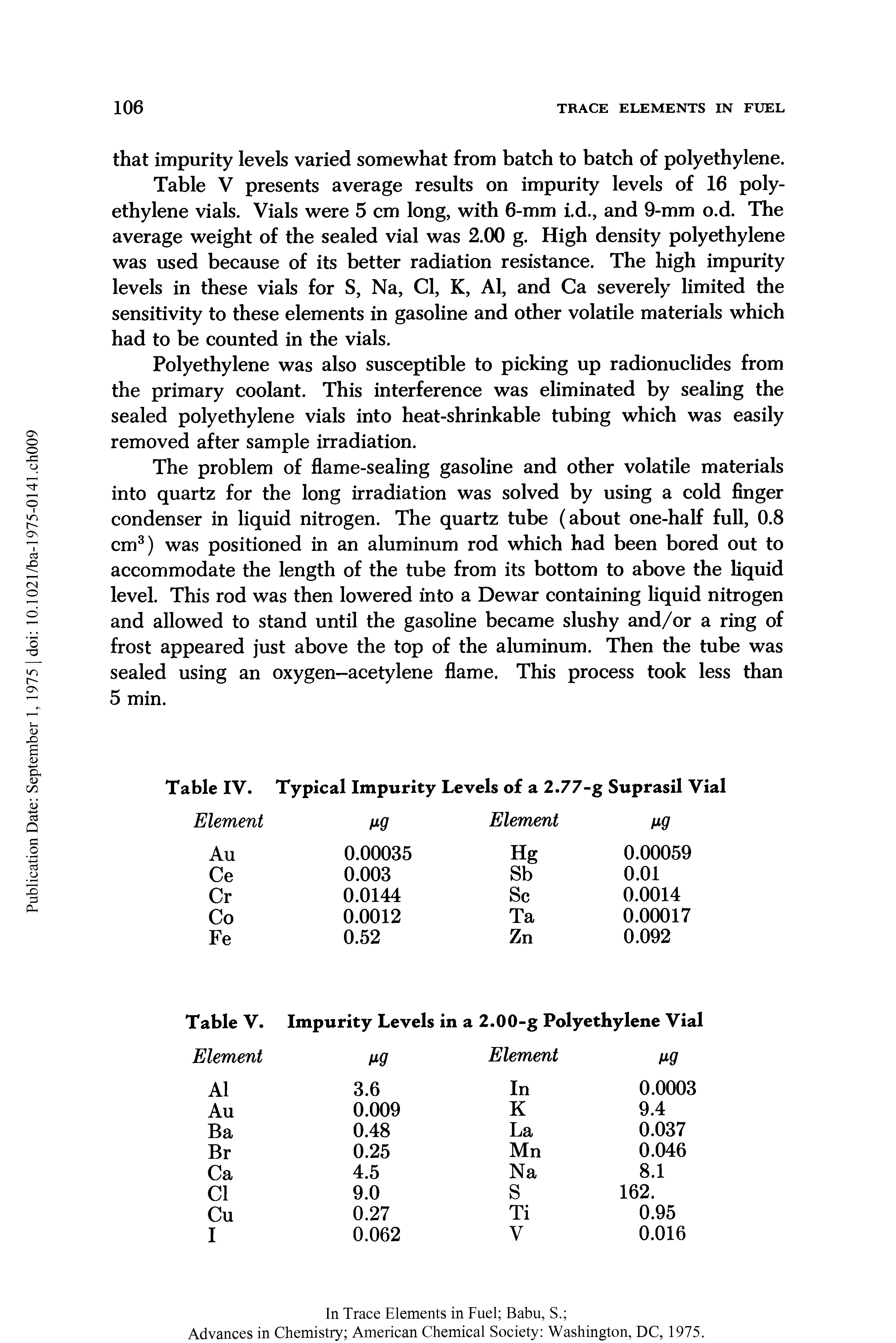 Table V presents average results on impurity levels of 16 polyethylene vials. Vials were 5 cm long, with 6-mm i.d., and 9-mm o.d. The average weight of the sealed vial was 2.00 g. High density polyethylene was used because of its better radiation resistance. The high impurity levels in these vials for S, Na, Cl, K, Al, and Ca severely limited the sensitivity to these elements in gasoline and other volatile materials which had to be counted in the vials.