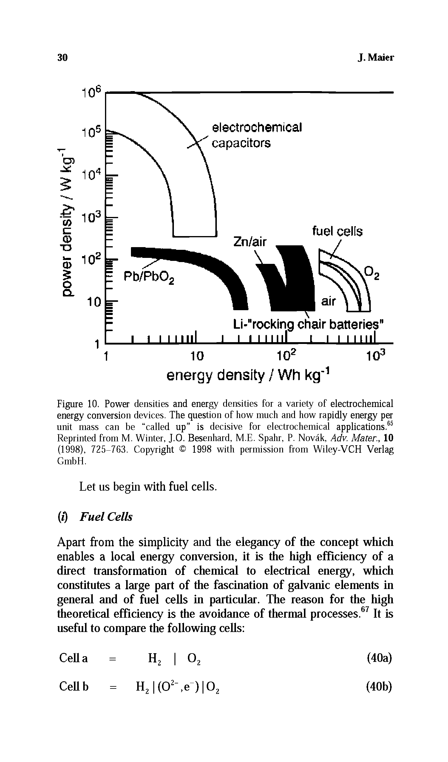 Figure 10. Power densities and energy densities for a variety of electrochemical energy conversion devices. The question of how much and how rapidly energy per unit mass can be called up is decisive for electrochemical applications.65 Reprinted from M. Winter, J.O. Besenhard, M.E. Spahr, P. Novak, Adv. Mater., 10 (1998), 725-763. Copyright 1998 with permission from Wiley-VCH Verlag GmbH.