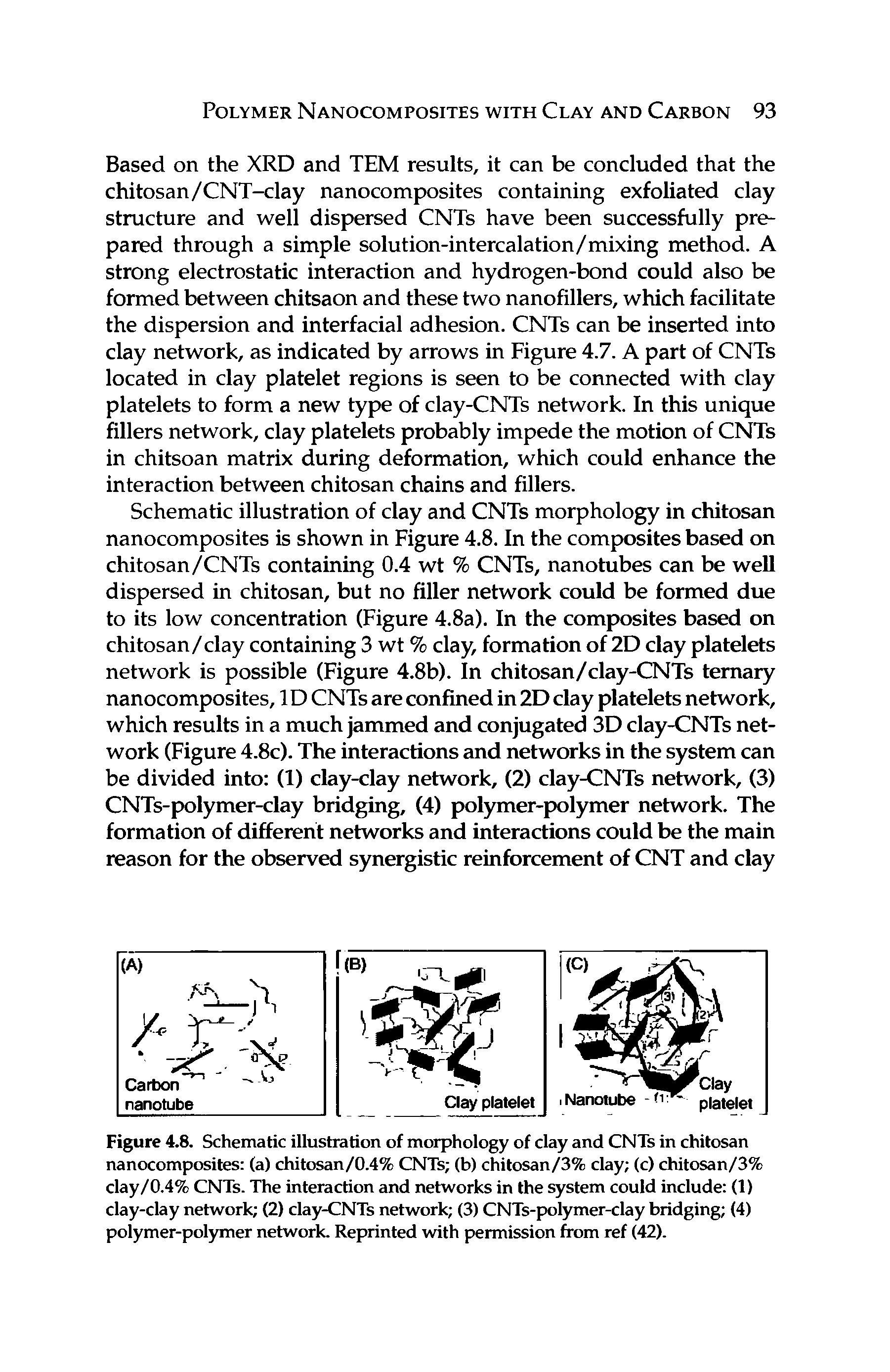 Schematic illustration of clay and CNTs morphology in chitosan nanocomposites is shown in Figure 4.8. In the composites based on chitosan/CNTs containing 0.4 wt % CNTs, nanotubes can be well dispersed in chitosan, but no filler network could be formed due to its low concentration (Figure 4.8a). In the composites based on chitosan/clay containing 3 wt % clay, formation of 2D clay platelets network is possible (Figure 4.8b). In chitosan/clay-CNTs ternary nanocomposites, ID CNTs are confined in 2D clay platelets network, which results in a much jammed and conjugated 3D clay-CNTs network (Figure 4.8c). The interactions and networks in the system can be divided into (1) clay-clay network, (2) clay-CNTs network, (3) CNTs-polymer-clay bridging, (4) polymer-polymer network. The formation of different networks and interactions could be the main reason for the observed synergistic reinforcement of CNT and clay...