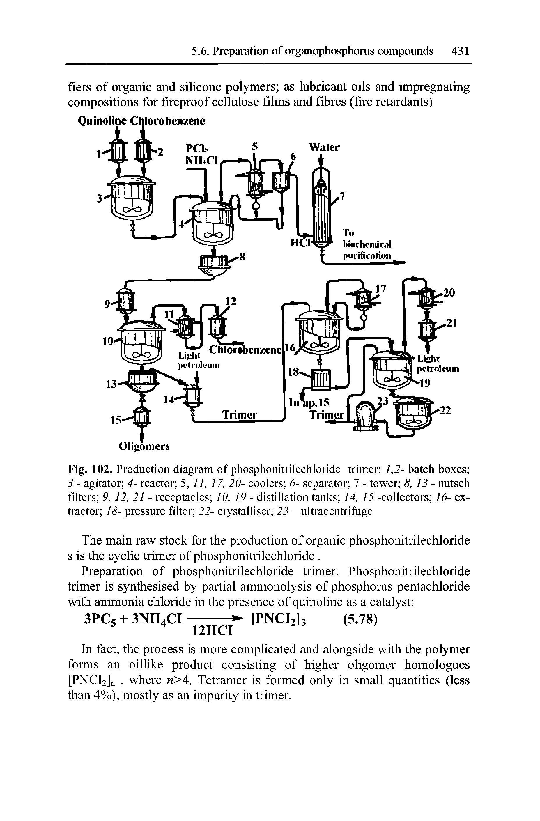 Fig. 102. Production diagram of phosphonitrilechloride trimer 1,2- batch boxes 3 - agitator 4- reactor 5, 11, 17, 20- coolers 6- separator 7 - tower 8, 13 - nutsch filters 9, 12, 21 - receptacles 10, 19 - distillation tanks 14, 15 -collectors 16- extractor 18- pressure filter 22- crystalliser 23 - ultracentrifuge...