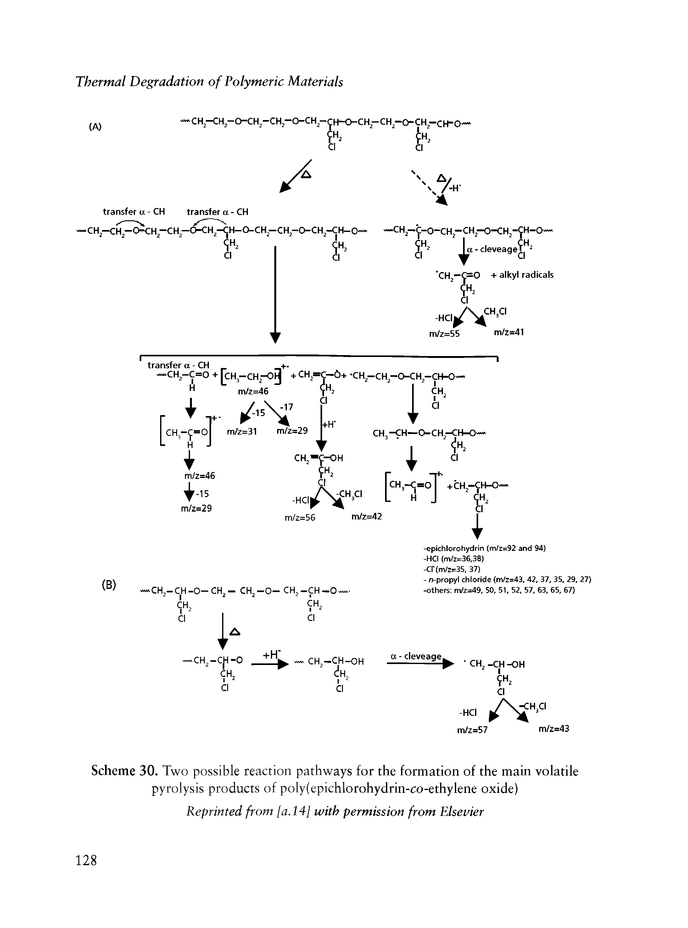 Scheme 30. Two possible reaction pathways for the formation of the main volatile pyrolysis products of poly(epichlorohydrin-co-ethylene oxide)...