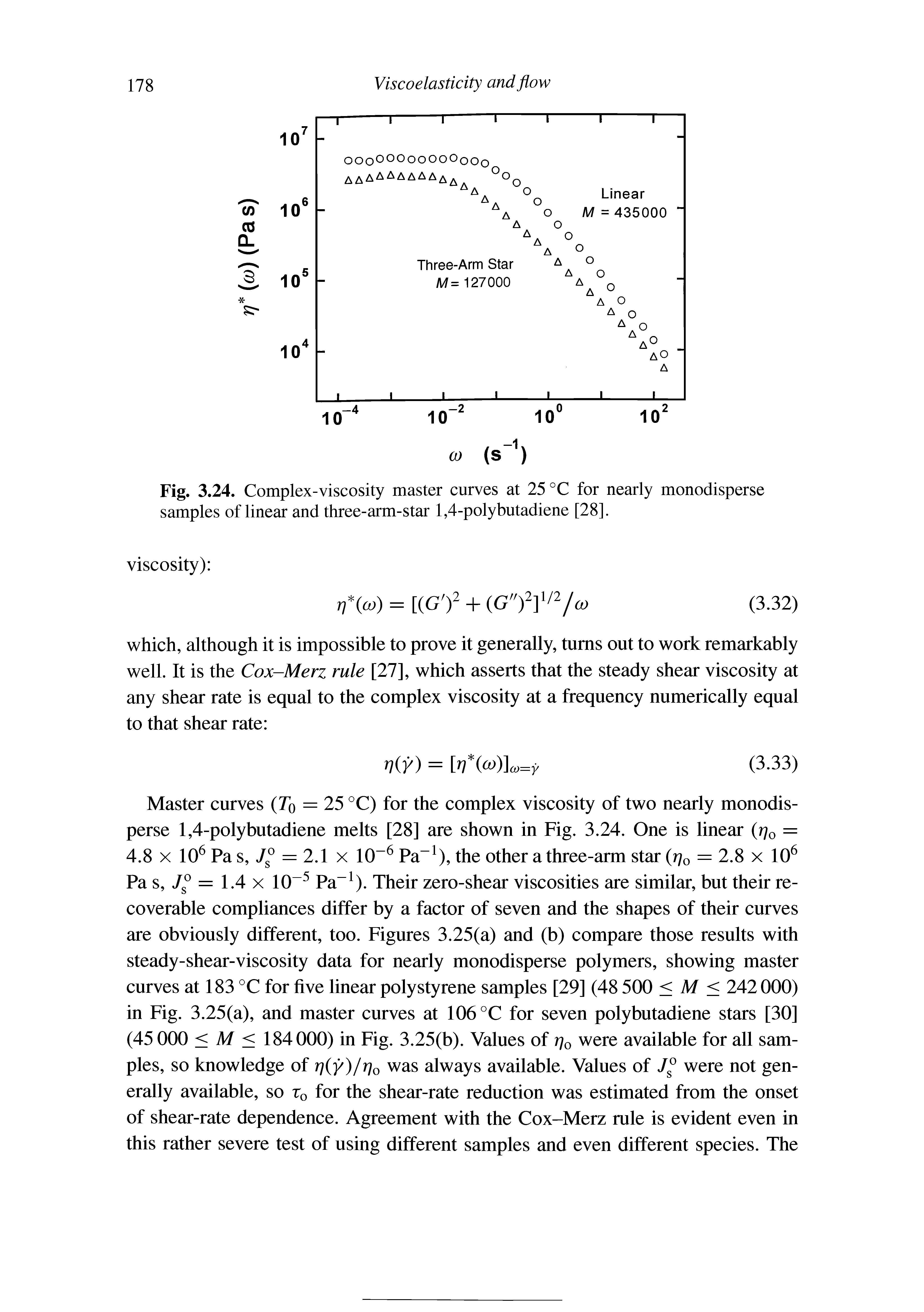 Fig. 3.24. Complex-viscosity master curves at 25 °C for nearly monodisperse samples of linear and three-arm-star 1,4-polybutadiene [28].