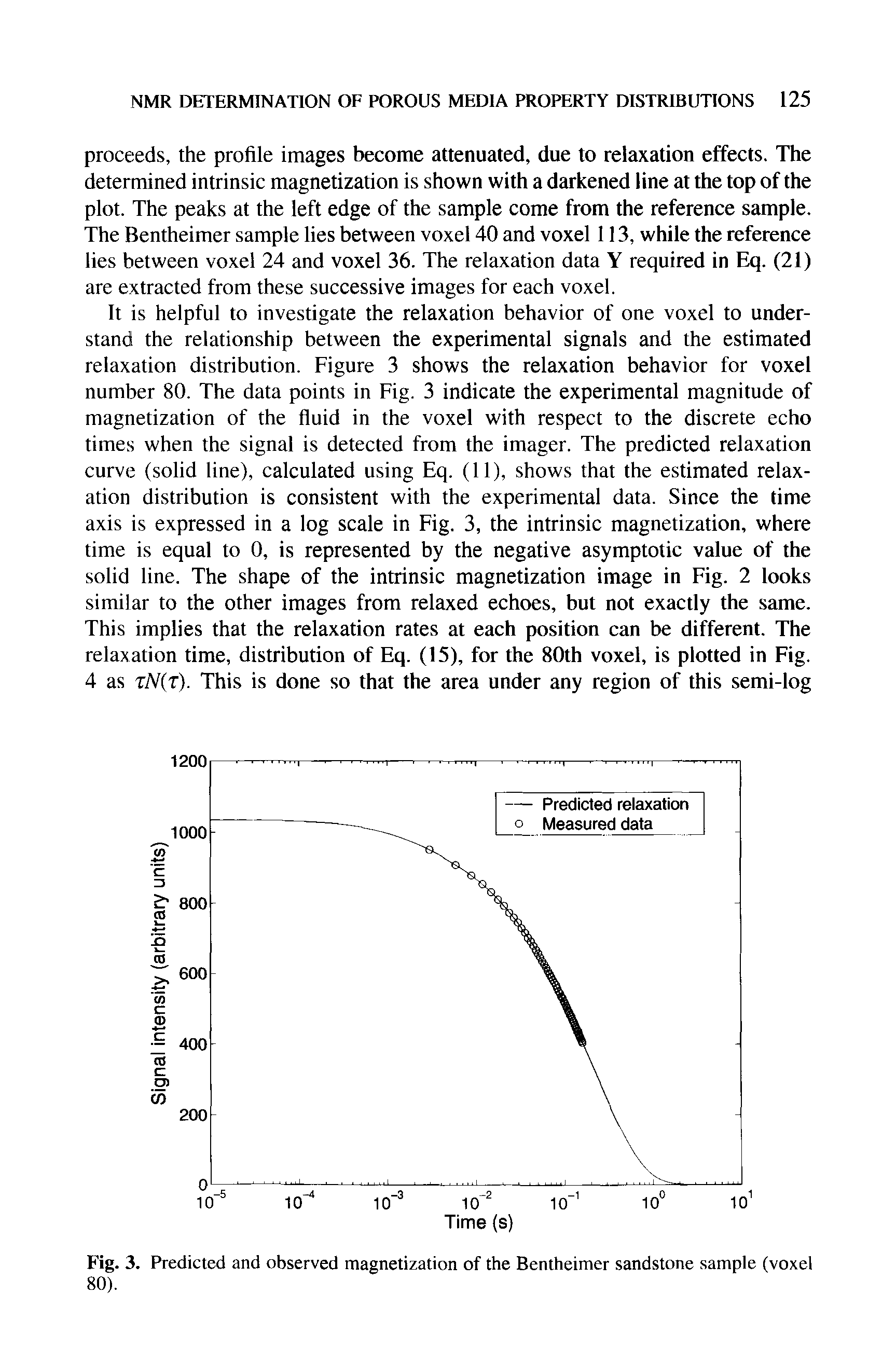 Fig. 3. Predicted and observed magnetization of the Bentheimer sandstone sample (voxel 80).