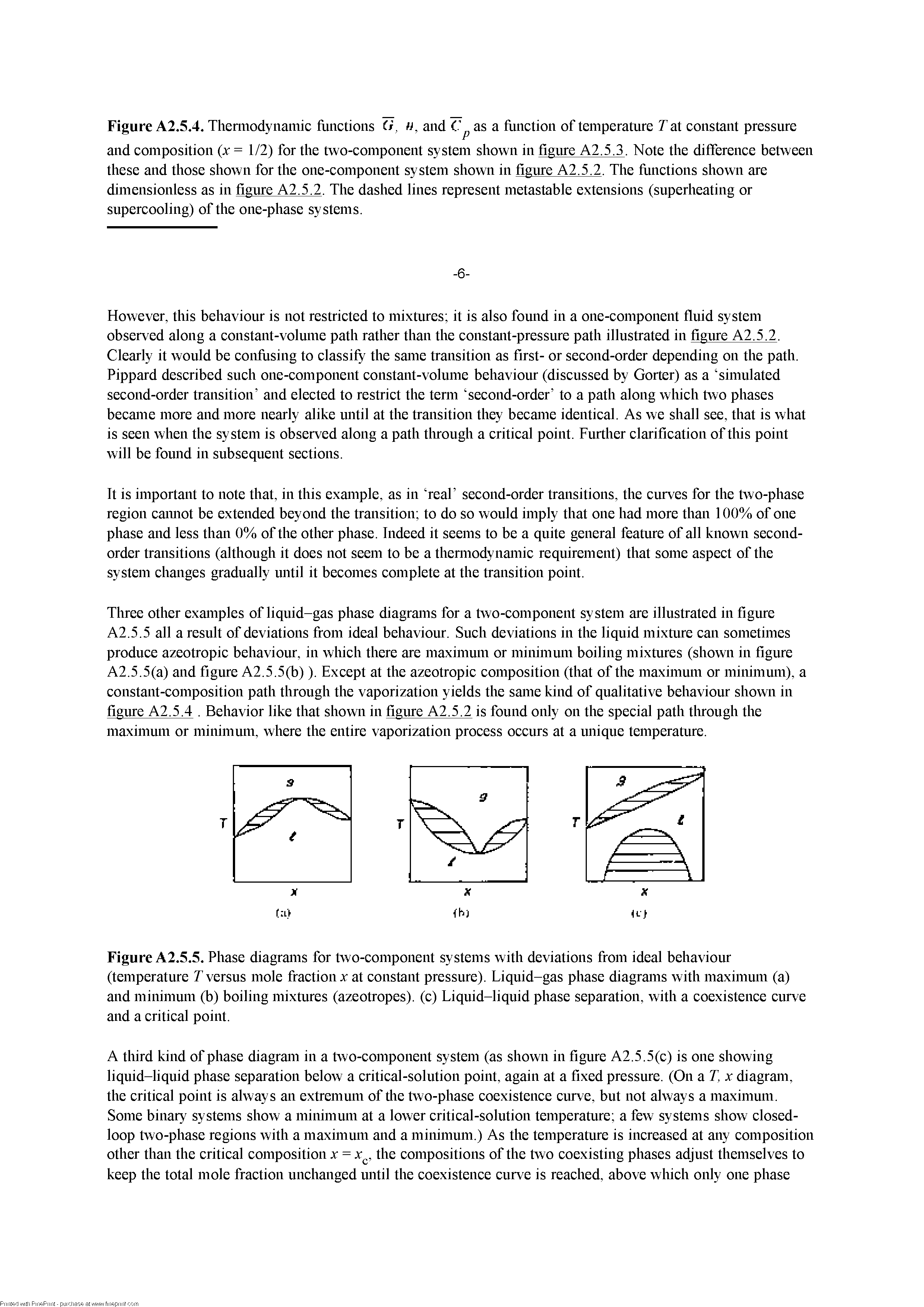 Figure A2.5.5. Phase diagrams for two-eomponent systems with deviations from ideal behaviour (temperature T versus mole fraetion v at eonstant pressure). Liquid-gas phase diagrams with maximum (a) and minimum (b) boiling mixtures (azeotropes), (e) Liquid-liquid phase separation, with a eoexistenee eurve and a eritieal point.