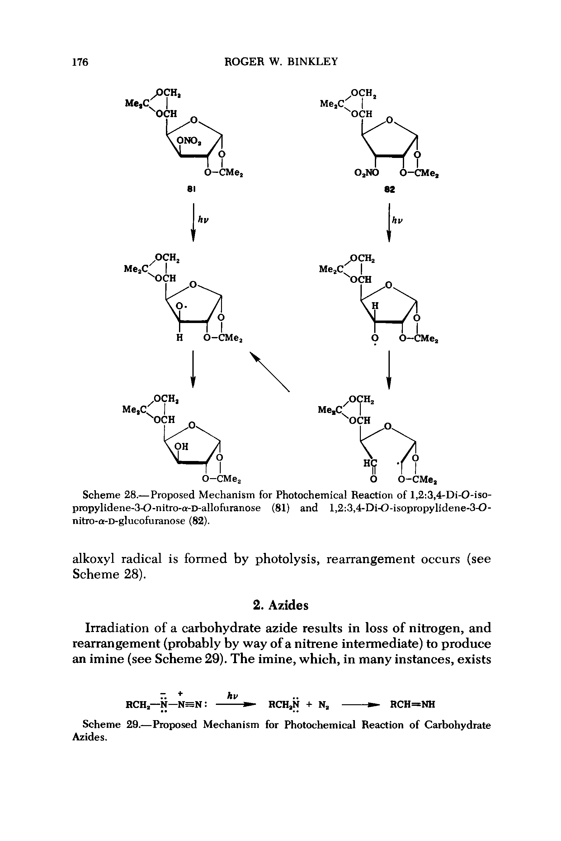 Scheme 28.— Proposed Mechanism for Photochemical Reaction of l,2 3,4-Di-0-iso-propylidene-3-O-nitro-a-D-allofuranose (81) and l,2 3,4-Di-0-isopropylidene-3-0-nitro-a-D-glucofuranose (82).
