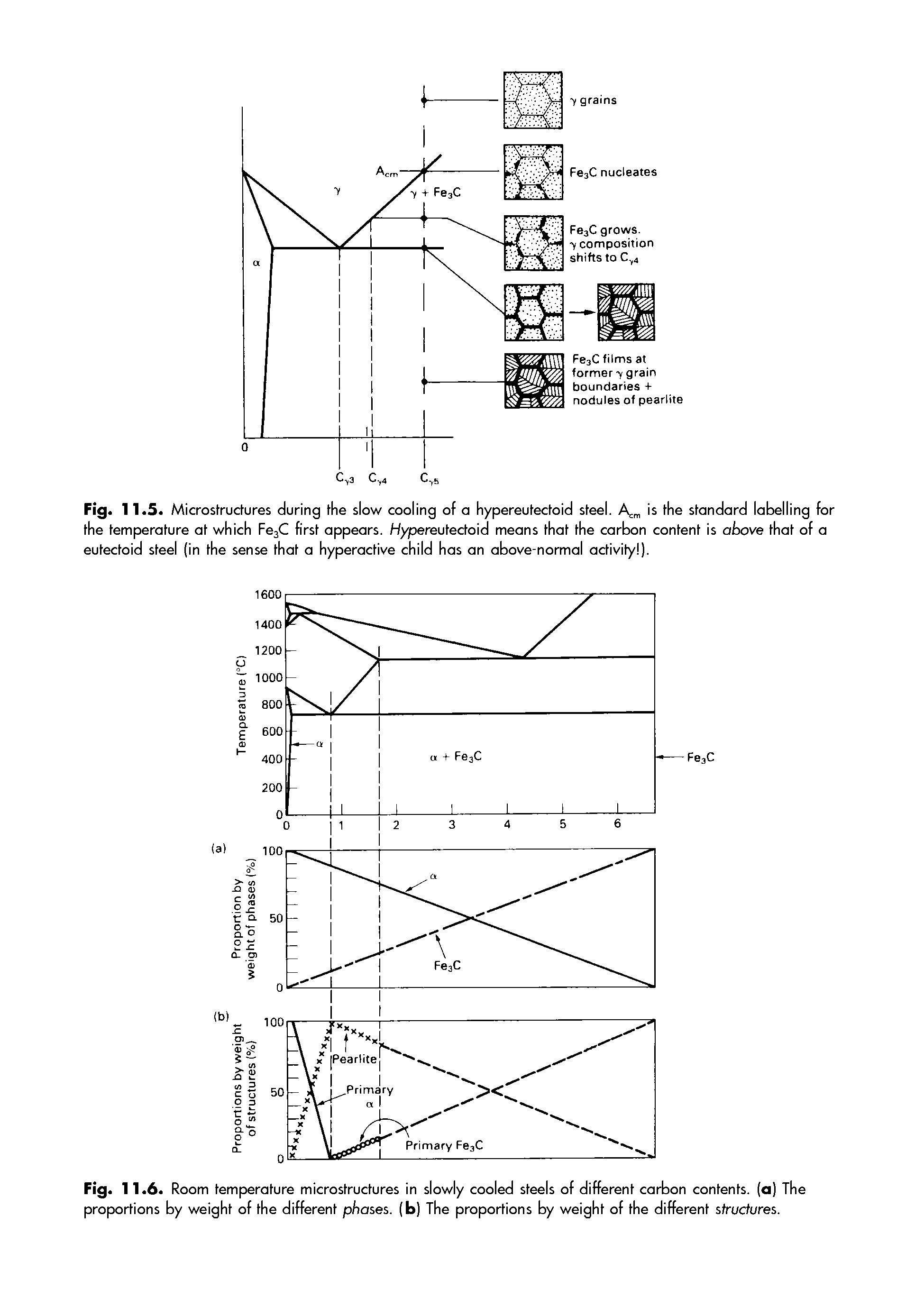 Fig. 11.5. Microstructures during the slow cooling of a hypereutectoid steel. is the standard labelling for the temperature at which FejC first appears. Hypereutectoid means that the carbon content is above that of a eutectoid steel (in the sense that a hyperactive child has an above-normal activity ).