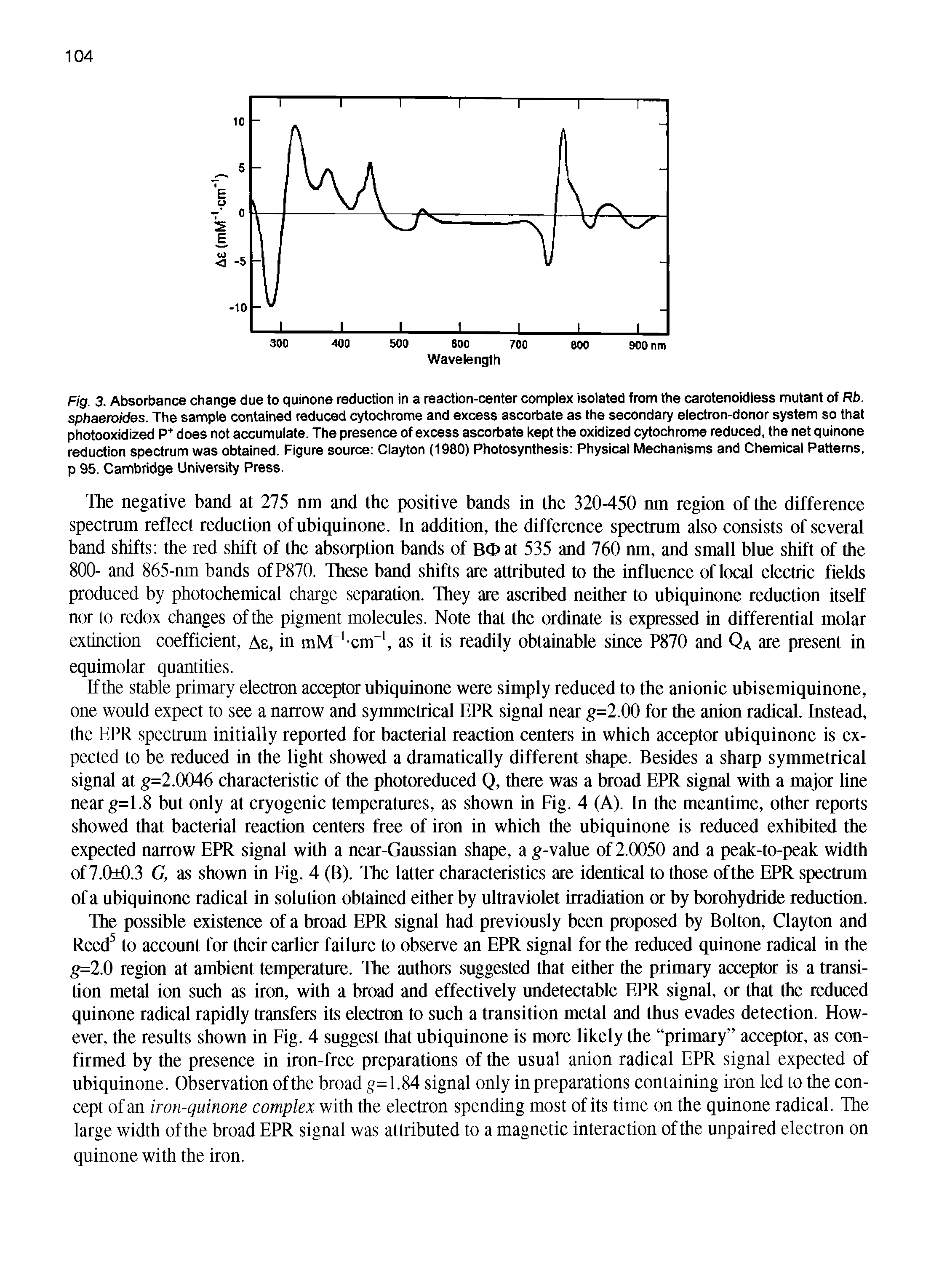 Fig. 3. Absorbance change due to quinone reduction in a reaction-center complex isolated from the carotenoidless mutant of Rb. sphaeroides. The sample contained reduced cytochrome and excess ascorbate as the secondary electron-donor system so that photooxidized P does not accumulate. The presence of excess ascorbate kept the oxidized cytochrome reduced, the net quinone reduction spectrum was obtained. Figure source Clayton (1980) Photosynthesis Physical Mechanisms and Chemical Patterns, p 95. Cambridge University Press.