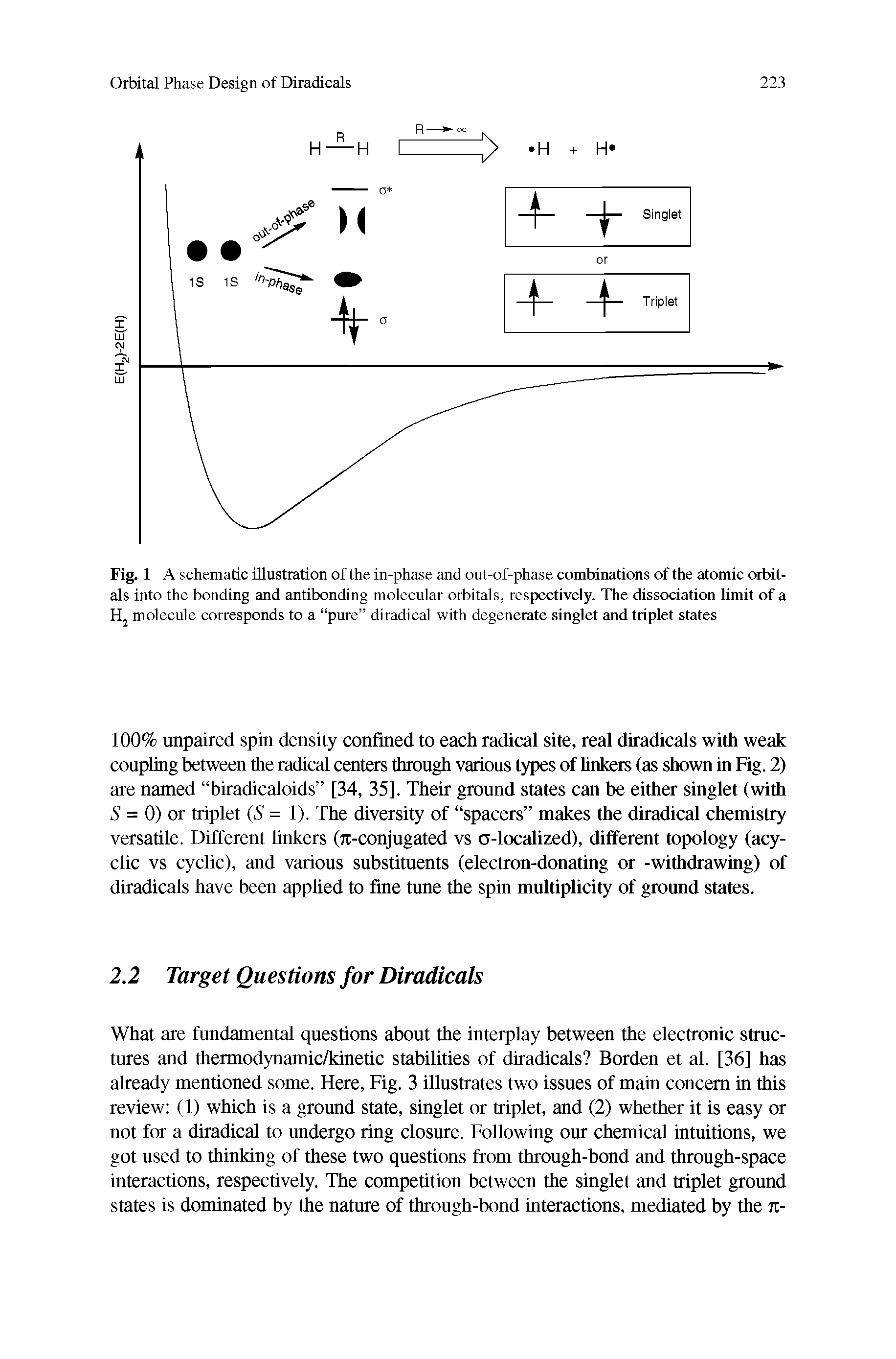 Fig. 1 A schematic illustration of the in-phase and out-of-phase combinations of the atomic orbitals into the bonding and antibonding molecular orbitals, respectively. The dissociation limit of a H molecule corresponds to a pure diradical with degenerate singlet and triplet states...