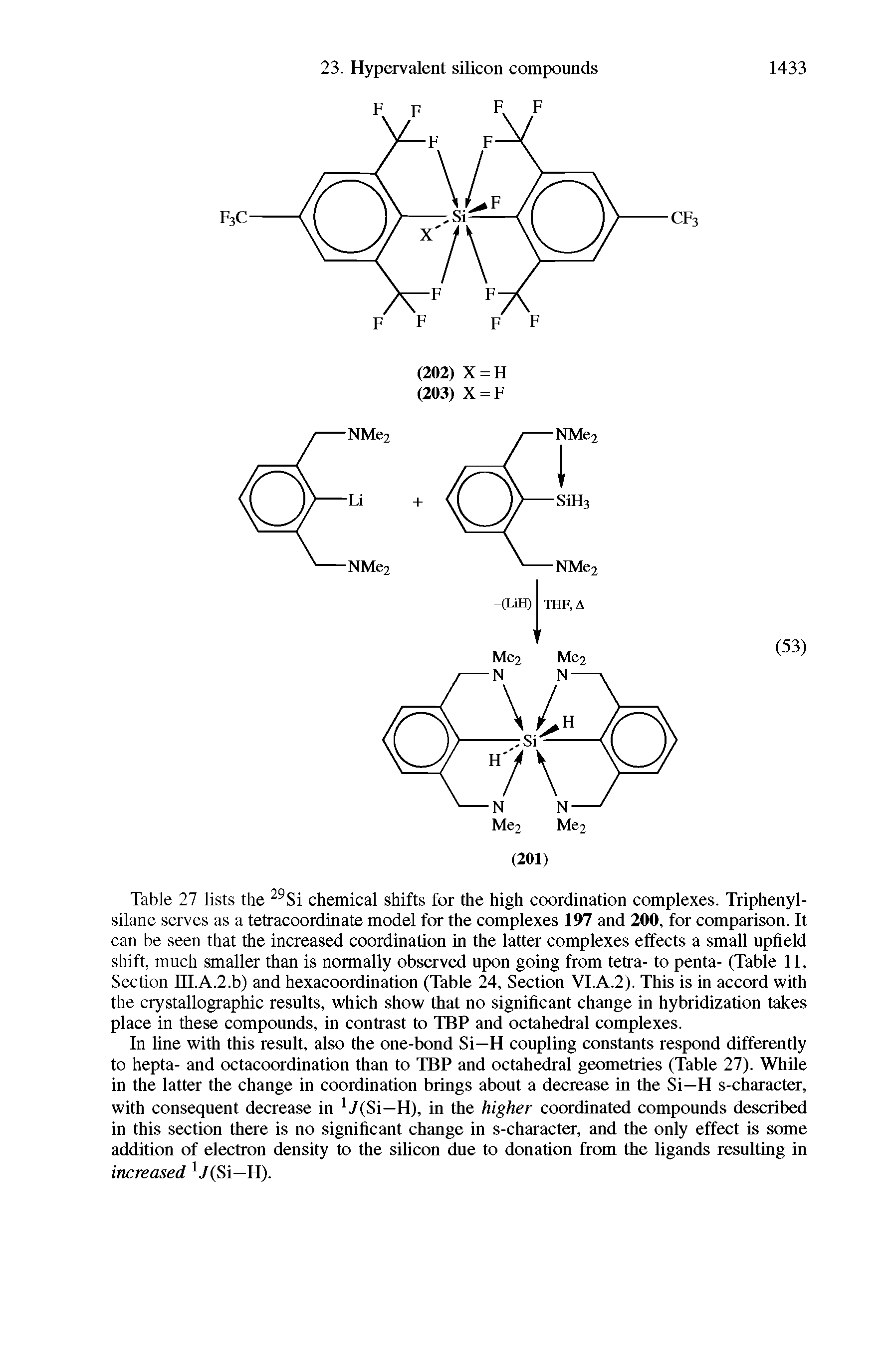 Table 27 lists the 29Si chemical shifts for the high coordination complexes. Triphenyl-silane serves as a tetracoordinate model for the complexes 197 and 200, for comparison. It can be seen that the increased coordination in the latter complexes effects a small upheld shift, much smaller than is normally observed upon going from tetra- to penta- (Table 11, Section III.A.2.b) and hexacoordination (Table 24, Section VI.A.2). This is in accord with the crystallographic results, which show that no significant change in hybridization takes place in these compounds, in contrast to TBP and octahedral complexes.