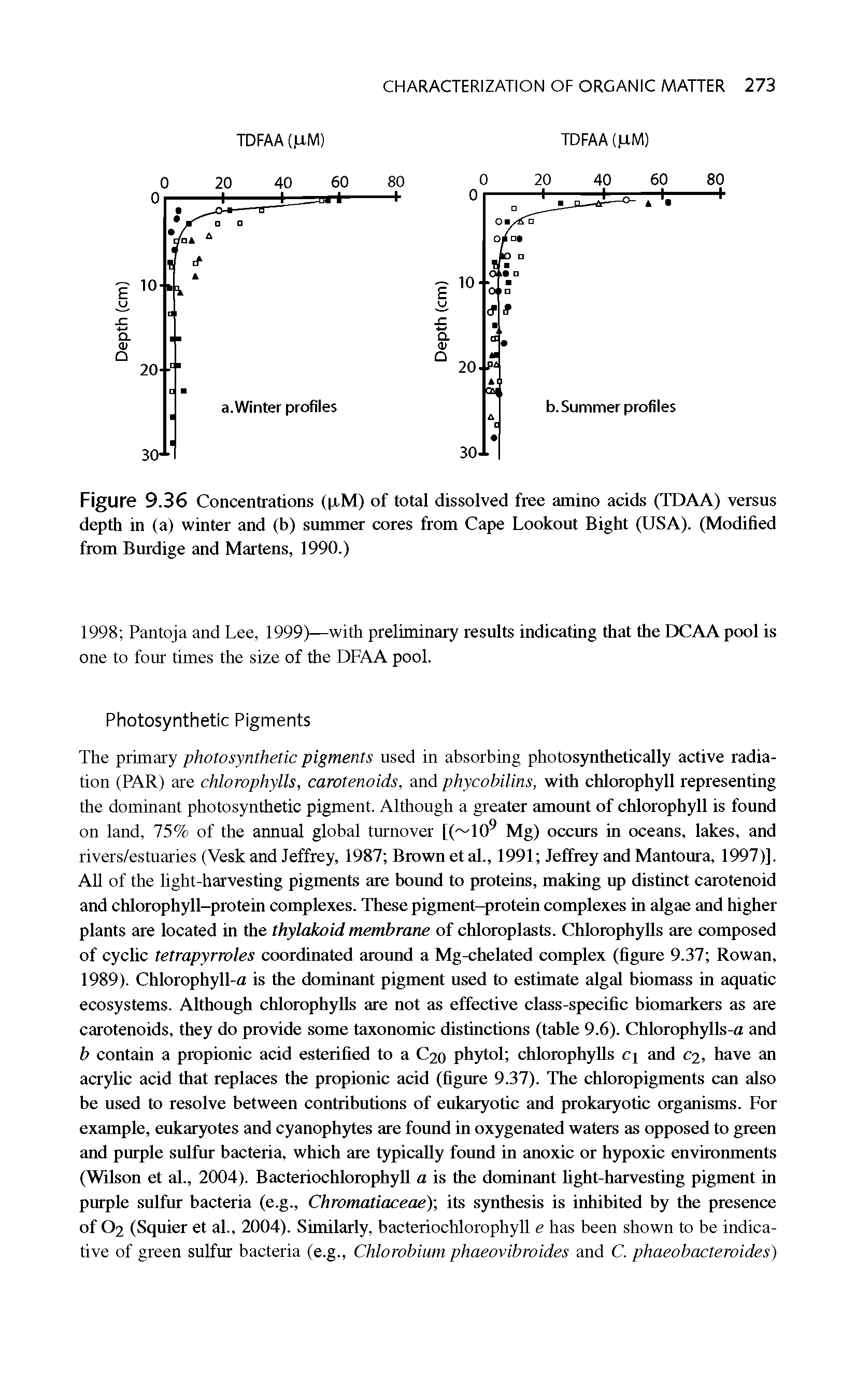 Figure 9.36 Concentrations ( iM) of total dissolved free amino acids (TDAA) versus depth in (a) winter and (b) summer cores from Cape Lookout Bight (USA). (Modified from Burdige and Martens, 1990.)...