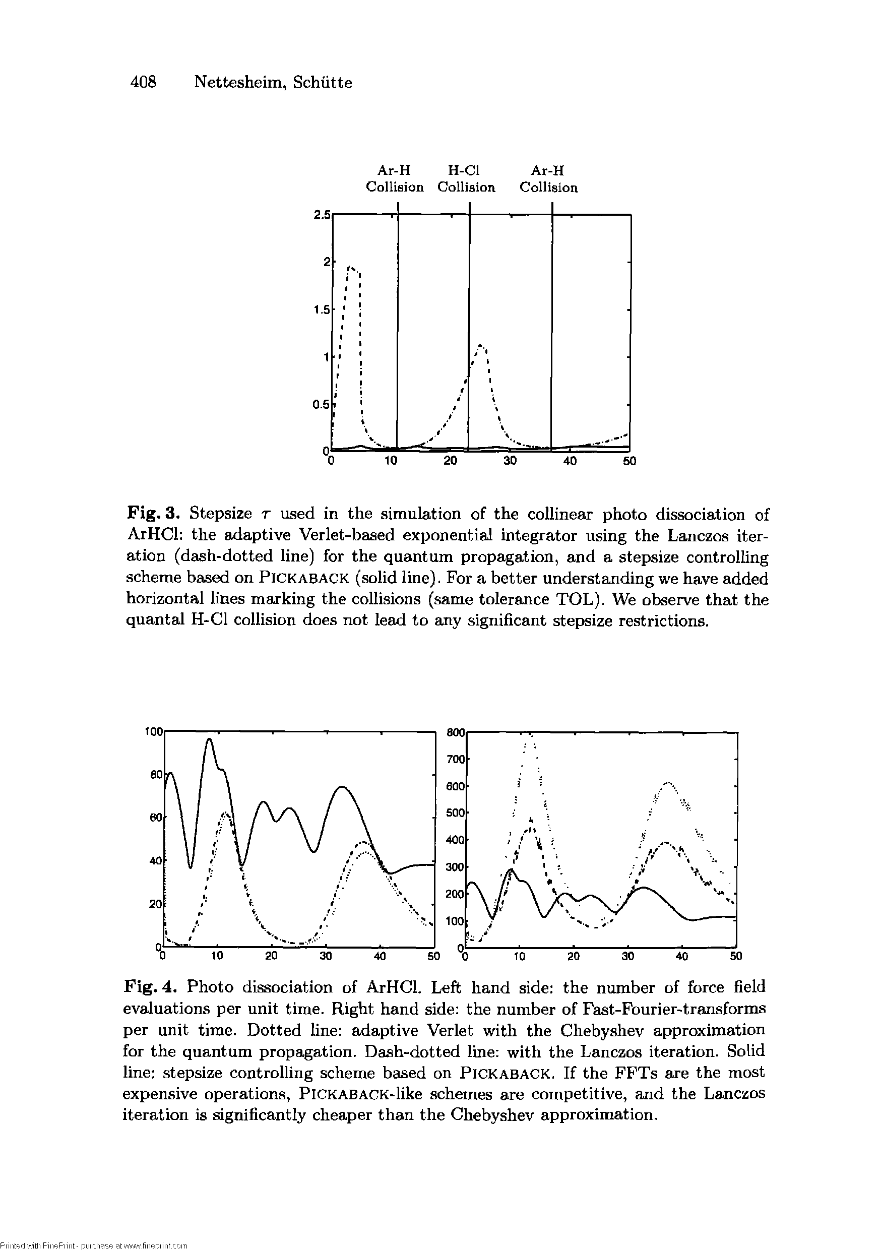 Fig. 3. Stepsize r used in the simulation of the collinear photo dissociation of ArHCl the adaptive Verlet-baaed exponential integrator using the Lanczos iteration (dash-dotted line) for the quantum propagation, and a stepsize controlling scheme based on PICKABACK (solid line). For a better understanding we have added horizontal lines marking the collisions (same tolerance TOL). We observe that the quantal H-Cl collision does not lead to any significant stepsize restrictions.