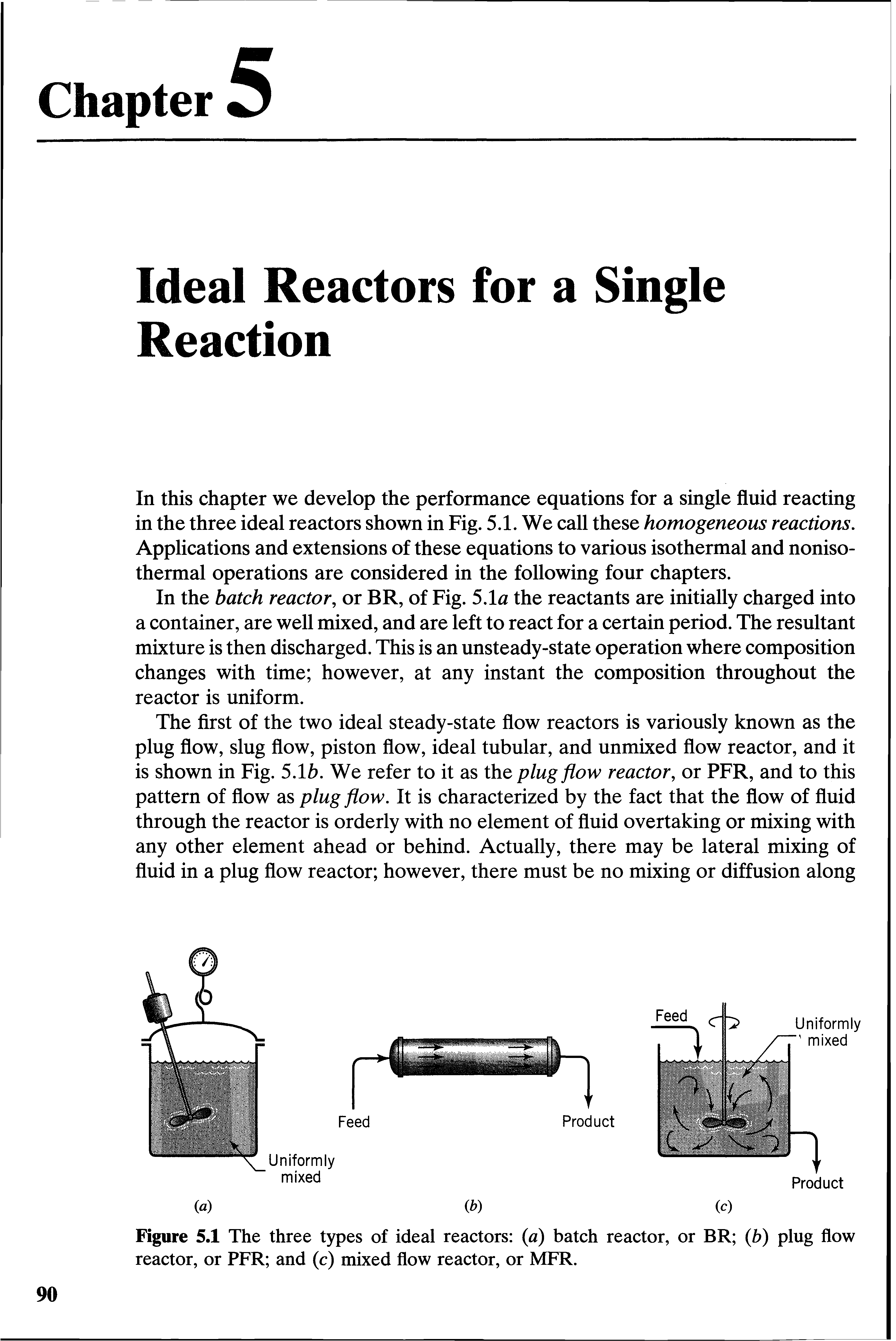 Figure 5.1 The three types of ideal reactors (a) batch reactor, or BR (b) plug flow reactor, or PFR and (c) mixed flow reactor, or MFR.