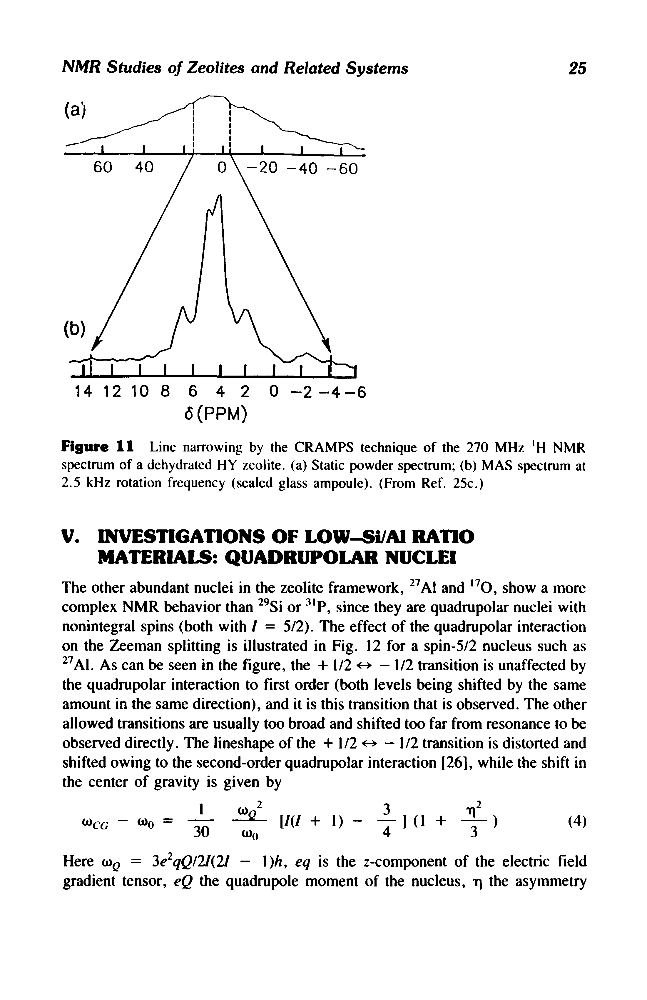 Figure 11 Line narrowing by the CRAMPS technique of the 270 MHz H NMR spectrum of a dehydrated HY zeolite, (a) Static f>owder spectrum (b) MAS spectrum at 2.5 kHz rotation frequency (sealed glass ampoule). (From Ref. 25c.)...