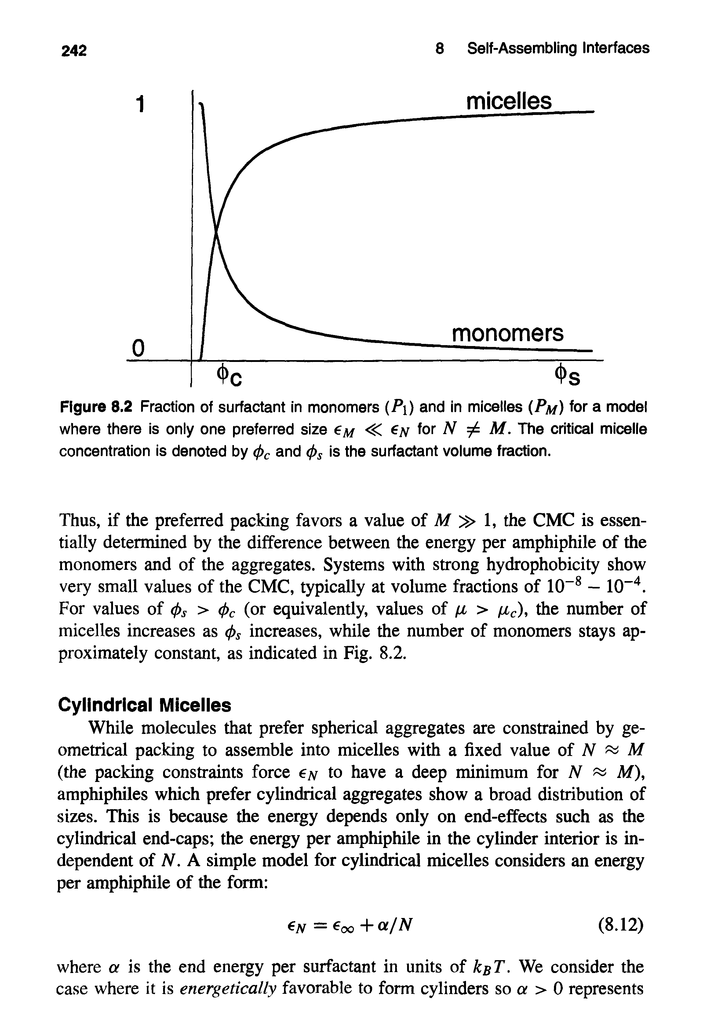 Figure 8.2 Fraction of surfactant in monomers (Pi) and in micelles (Pm) for a model where there is only one preferred size m n ox N Af. The critical micelle concentration is denoted by (f)c and (f)s is the surfactant volume fraction.