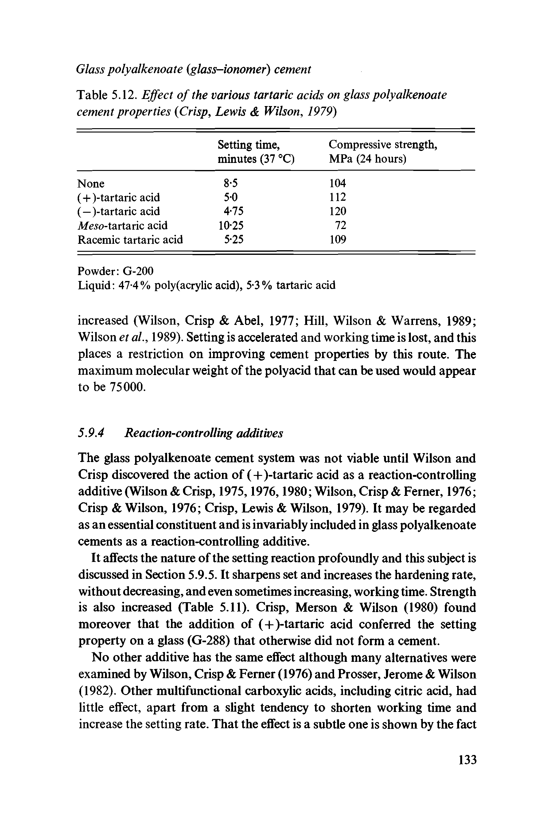 Table 5.12. Ejfect of the various tartaric acids on glass polyalkenoate cement properties Crisp, Lewis Wilson, 1979)...