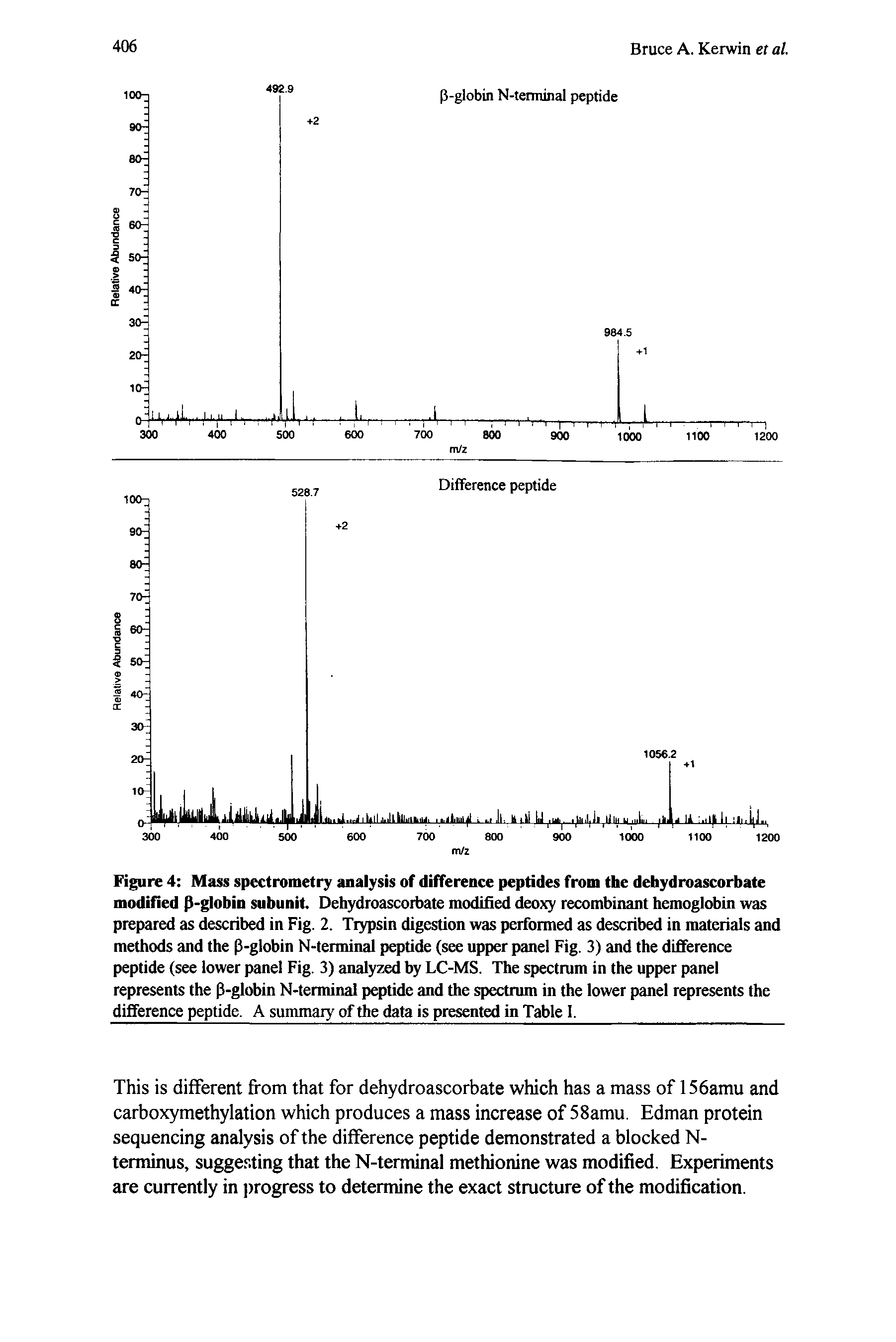 Figure 4 Mass spectrometry analysis of difference peptides from the dehydroascorbate modified p-globin subunit. Dehydroascorbate modified deoxy recombinant hemoglobin was prepared as described in Fig. 2. Trypsin digestion was performed as described in materials and methods and the p-globin N-terminal peptide (see upper panel Fig. 3) and the difference peptide (see lower panel Fig. 3) analyzed hy LC-MS. The spectrum in the upper panel represents the P-globin N-terminal peptide and the spectrum in the lower panel represents the difference peptide. A summary of the data is presented in Table 1.