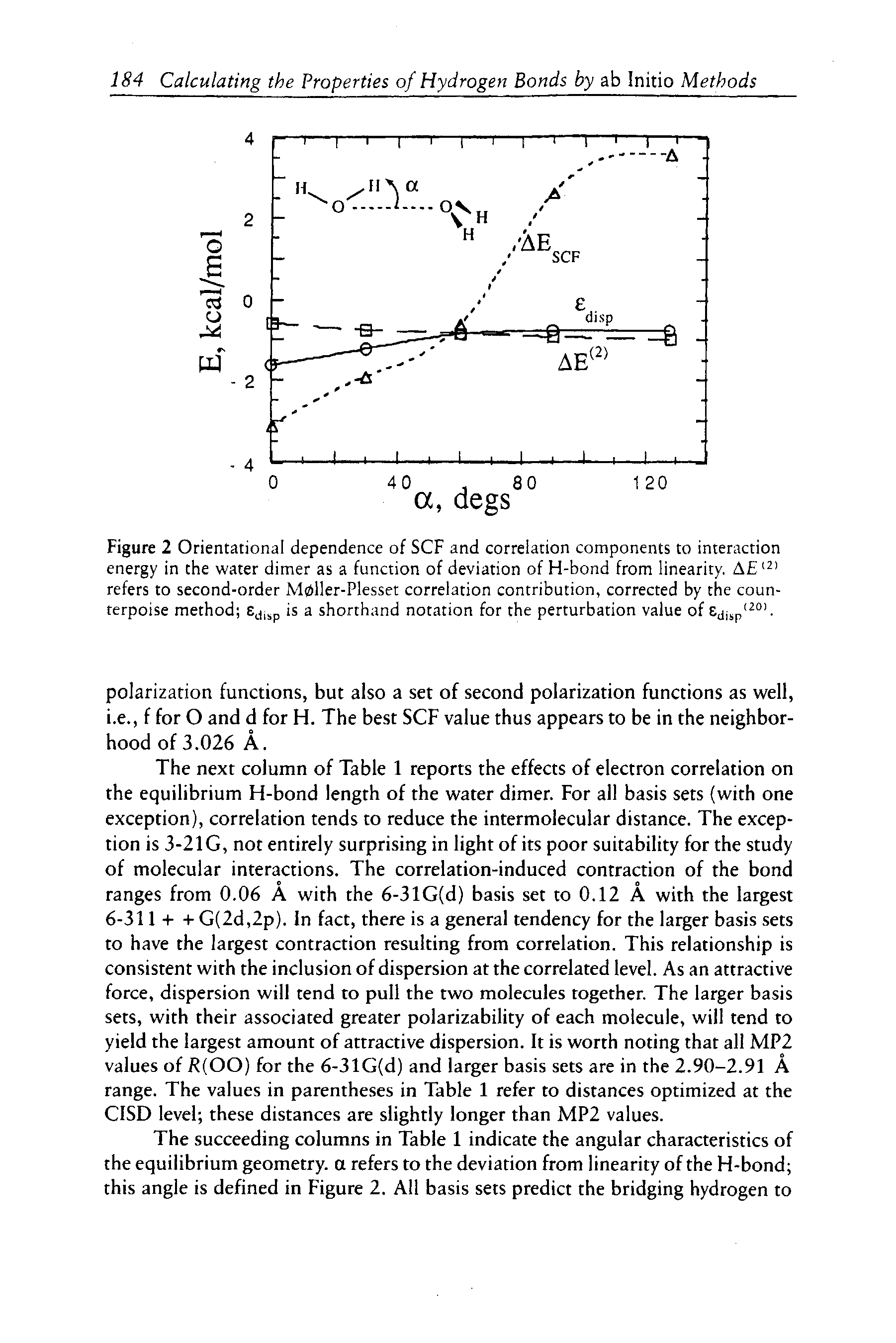 Figure 2 Orientational dependence of SCF and correlation components to interaction energy in the water dimer as a function of deviation of H-bond from linearity. A refers to second-order Mpller-Plesset correlation contribution, corrected by the counterpoise method Eji p is a shorthand notation for the perturbation value of Edisp -...