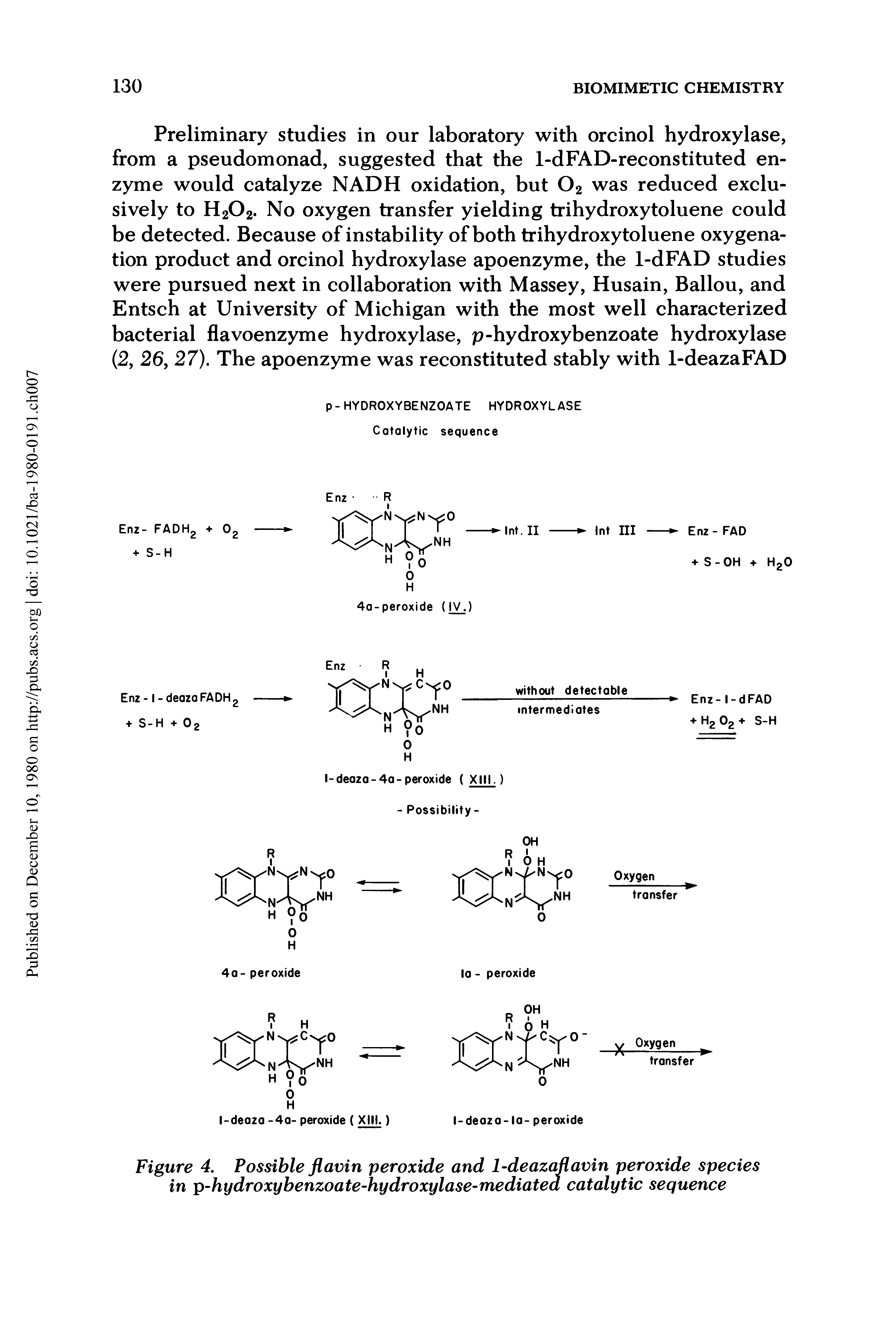 Figure 4. Possible flavin peroxide and 1-deazaflavin peroxide species in p-hydroxybenzoate-hydroxylase-mediatea catalytic sequence...
