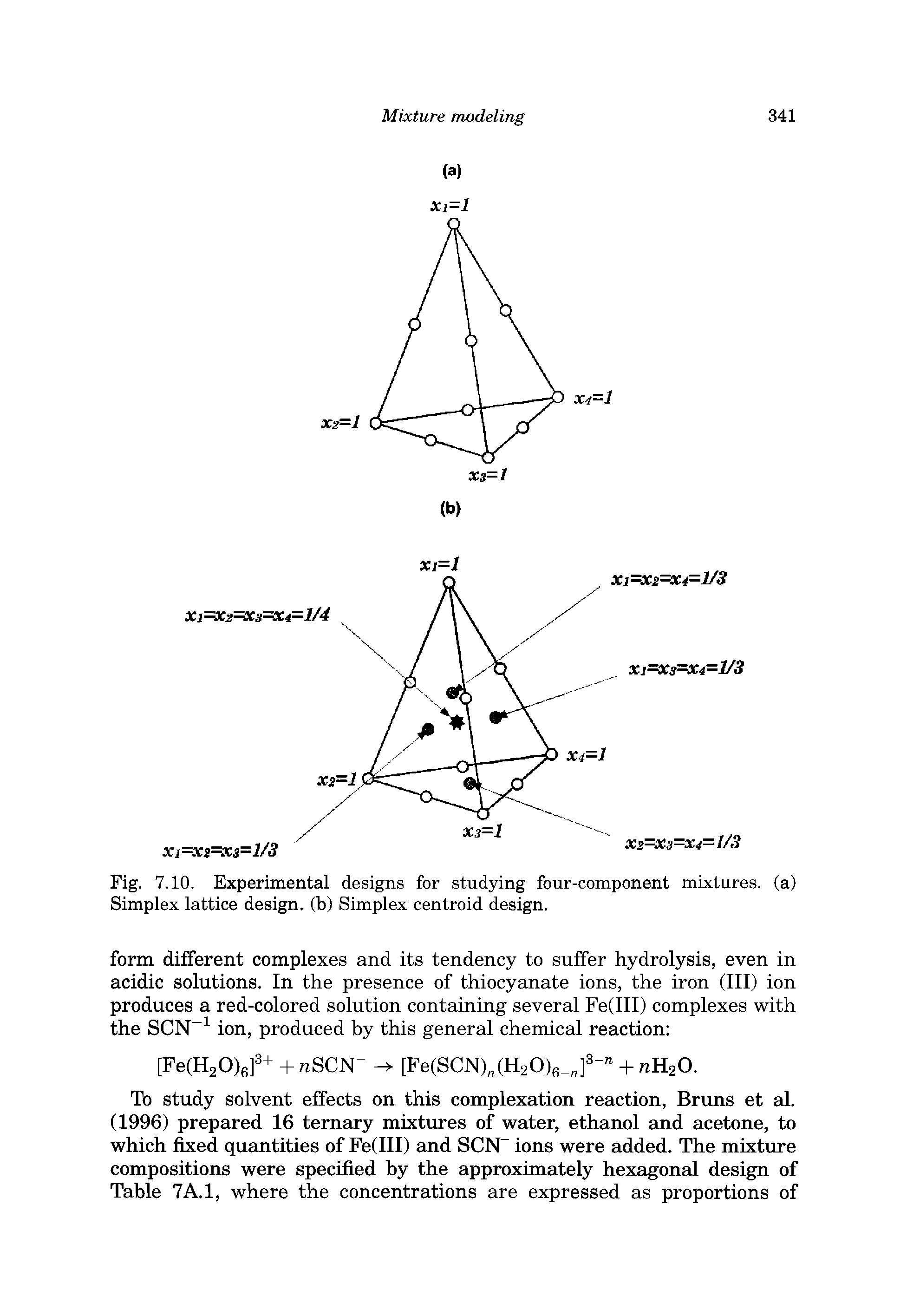 Fig. 7.10. Experimental designs for studying four-component mixtures, (a) Simplex lattice design, (b) Simplex centroid design.