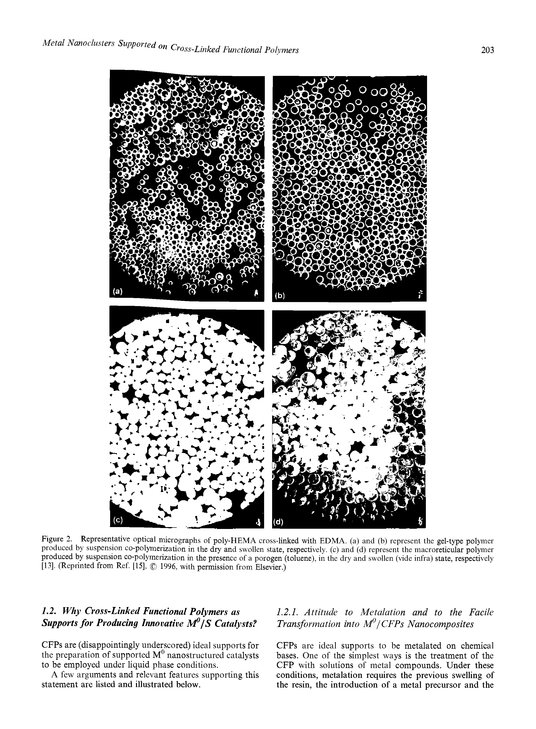 Figure 2. Representative optical micrographs of poly-HEMA cross-linked with EDMA. (a) and (b) represent the gel-type polymer produced by suspension co-polymerization in the dry and swollen state, respectively, (c) and (d) represent the macroreticular polymer produced by suspension co-polymerization in the presence of a porogen (toluene), in the dry and swollen (vide infra) state, respeetively [13], (Reprinted from Ref [15], 1996, with permission from Elsevier.)...