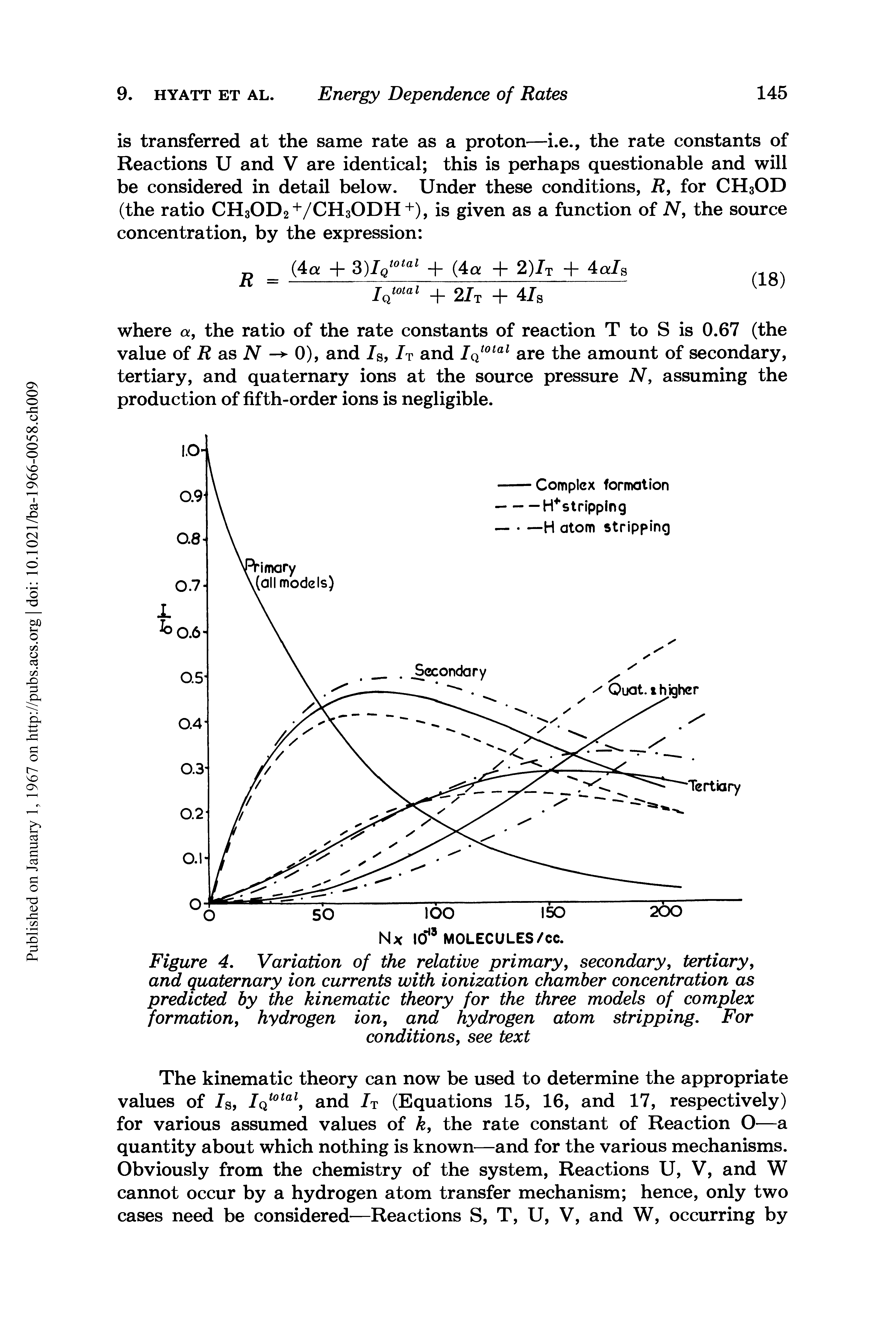 Figure 4. Variation of the relative primary, secondary, tertiary, and quaternary ion currents with ionization chamber concentration as predicted by the kinematic theory for the three models of complex formation, hydrogen ion, and hydrogen atom stripping. For conditions, see text...