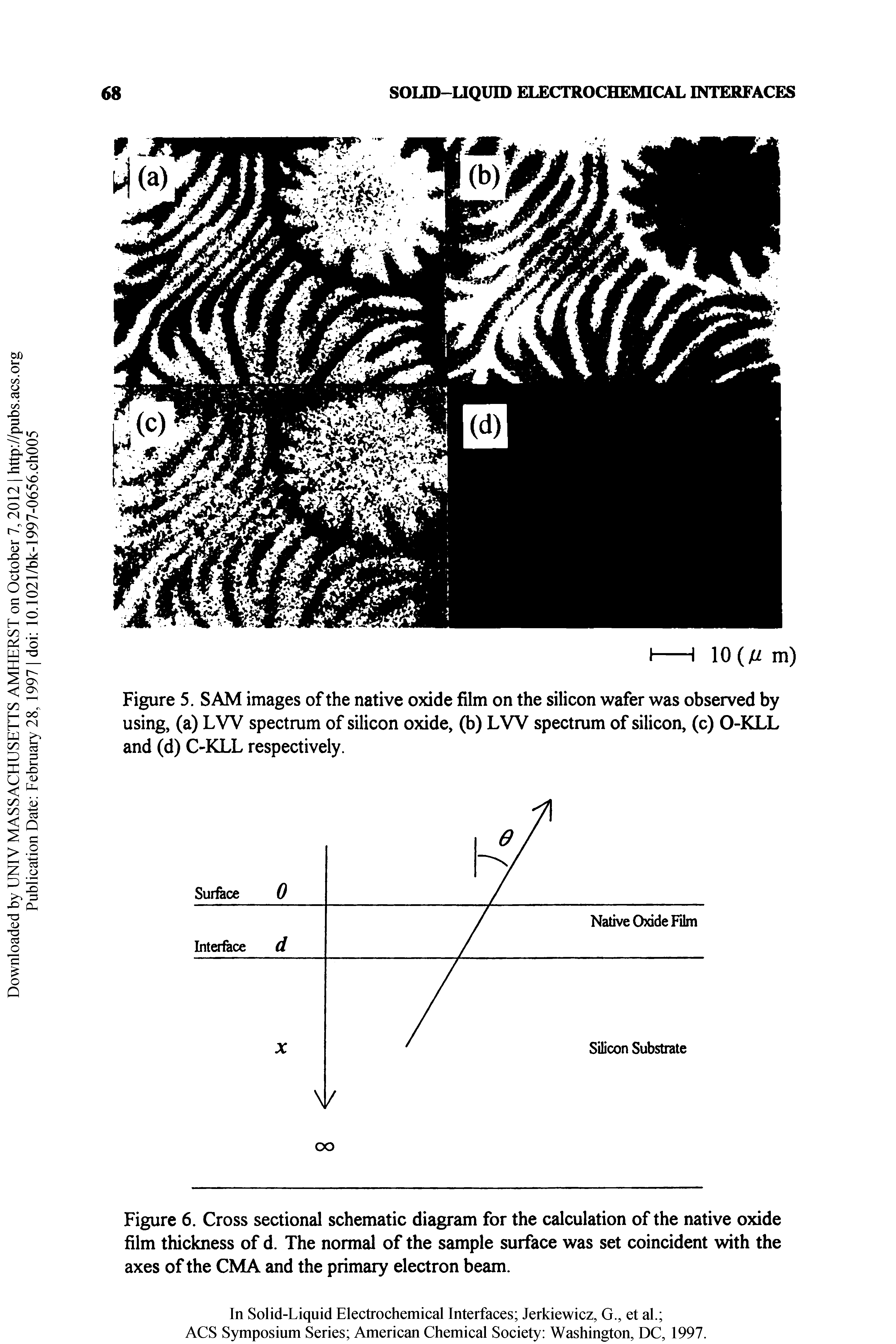 Figure 6. Cross sectional schematic diagram for the calculation of the native oxide film thickness of d. The normal of the sample surface was set coincident with the axes of the CMA and the primary electron beam.