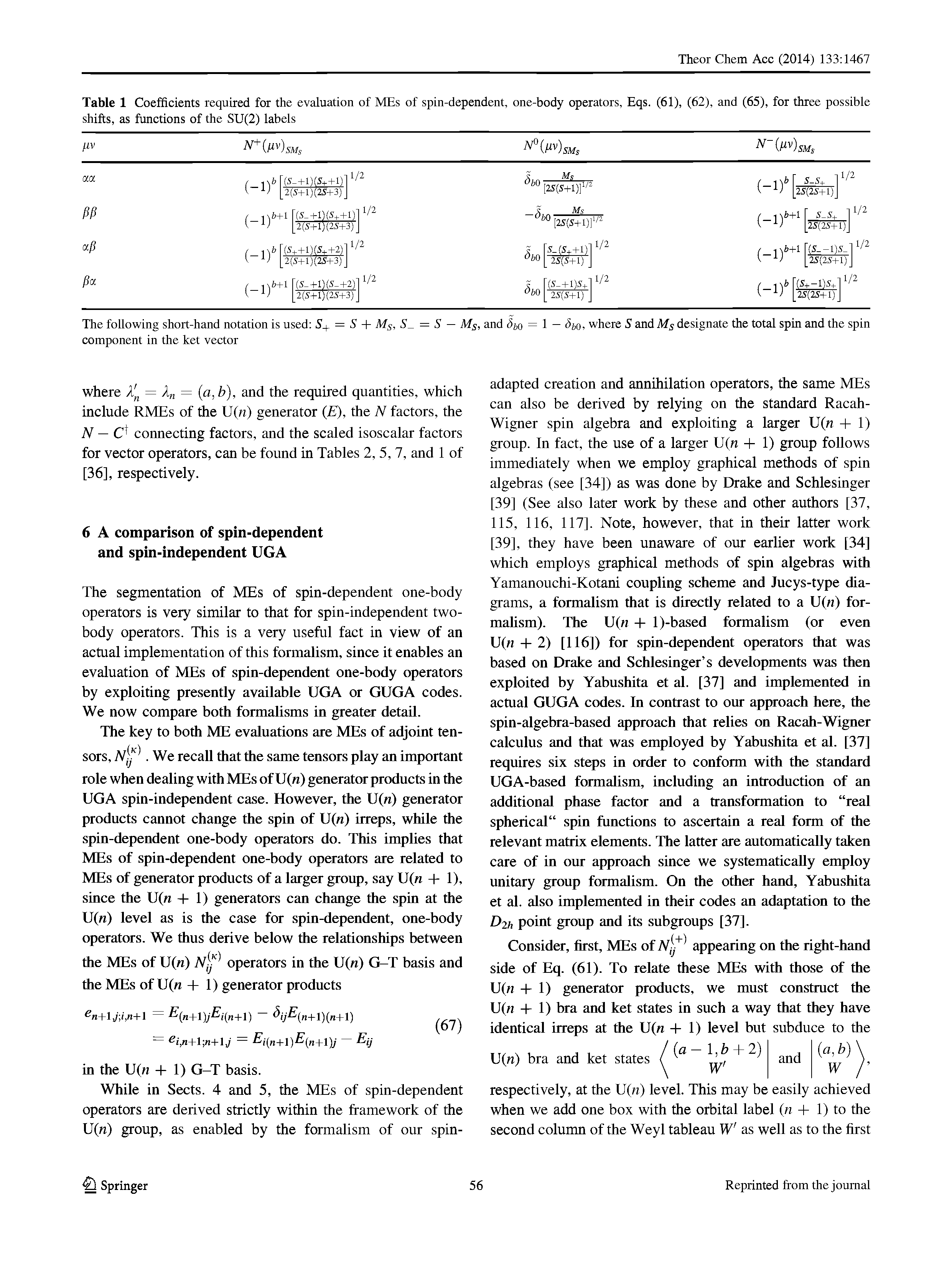 Table 1 Coefficients required for the evaluation of MEs of spin-dependent, one-body operators, Eqs. (61), (62), and (65), for three possible shifts, as functions of the SU(2) labels...