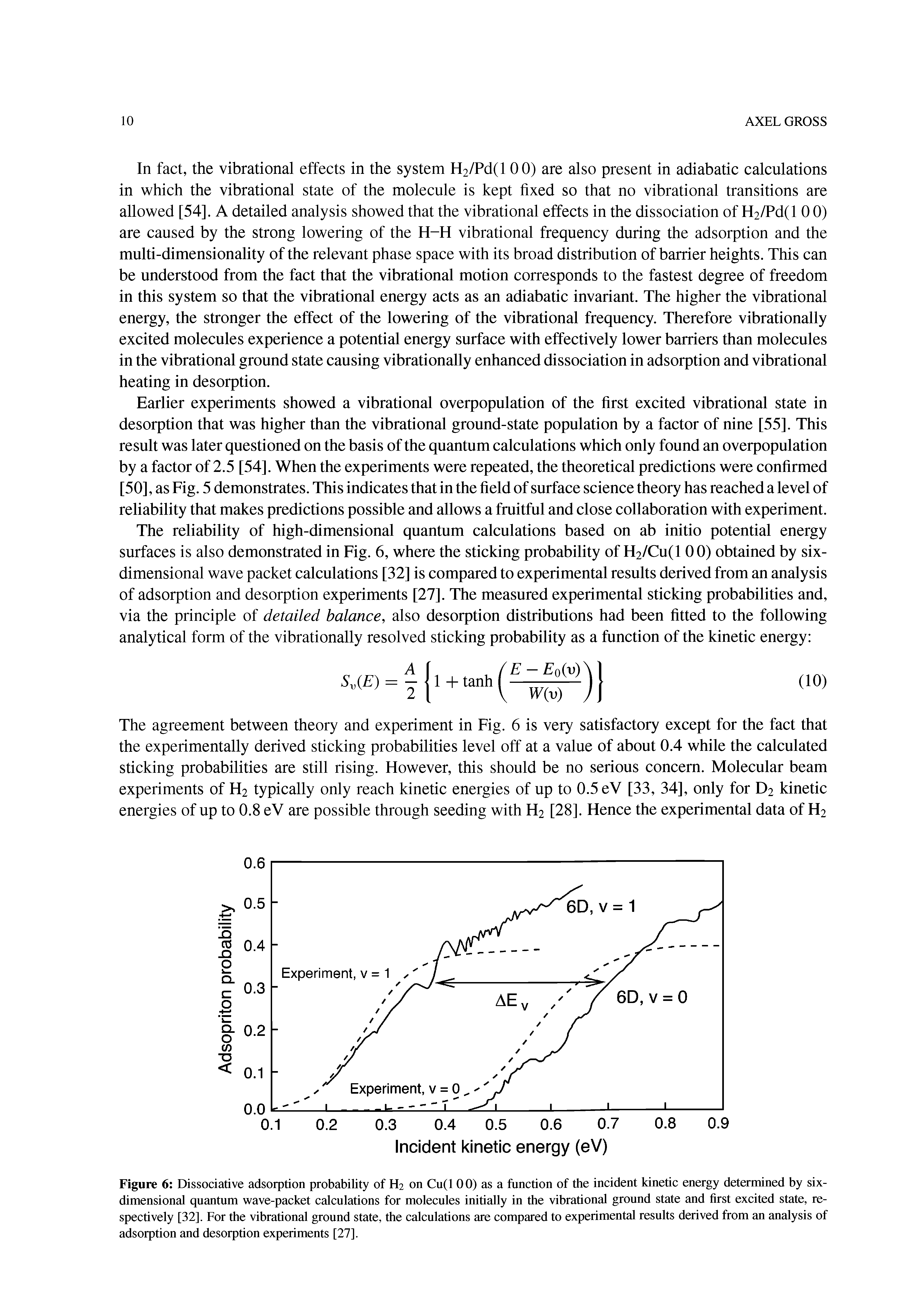 Figure 6 Dissociative adsorption probability of H2 on Cu(l 00) as a function of the incident kinetic energy determined by six-dimensional quantum wave-packet calculations for molecules initially in the vibrational ground state and first excited state, respectively [32], For the vibrational ground state, the calculations are compared to experimental results derived from an analysis of adsorption and desorption experiments [27].