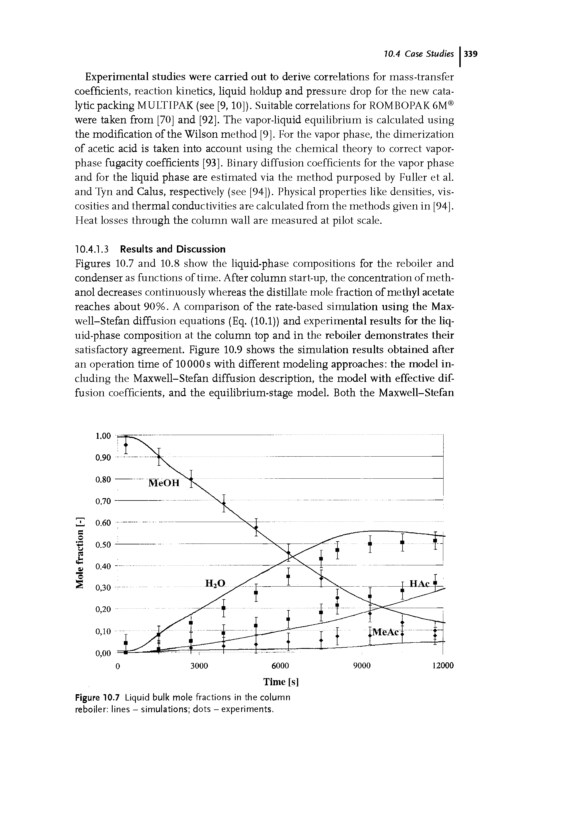 Figures 10.7 and 10.8 show the liquid-phase compositions for the reboiler and condenser as functions of time. After column start-up, the concentration of methanol decreases continuously whereas the distillate mole fraction of methyl acetate reaches about 90%. A comparison of the rate-based simulation using the Max-well-Stefan diffusion equations (Eq. (10.1)) and experimental results for the liquid-phase composition at the column top and in the reboiler demonstrates their satisfactory agreement. Figure 10.9 shows the simulation results obtained after an operation time of 10000 s with different modeling approaches the model including the Maxwell-Stefan diffusion description, the model with effective diffusion coefficients, and the equilibrium-stage model. Both the Maxwell-Stefan...
