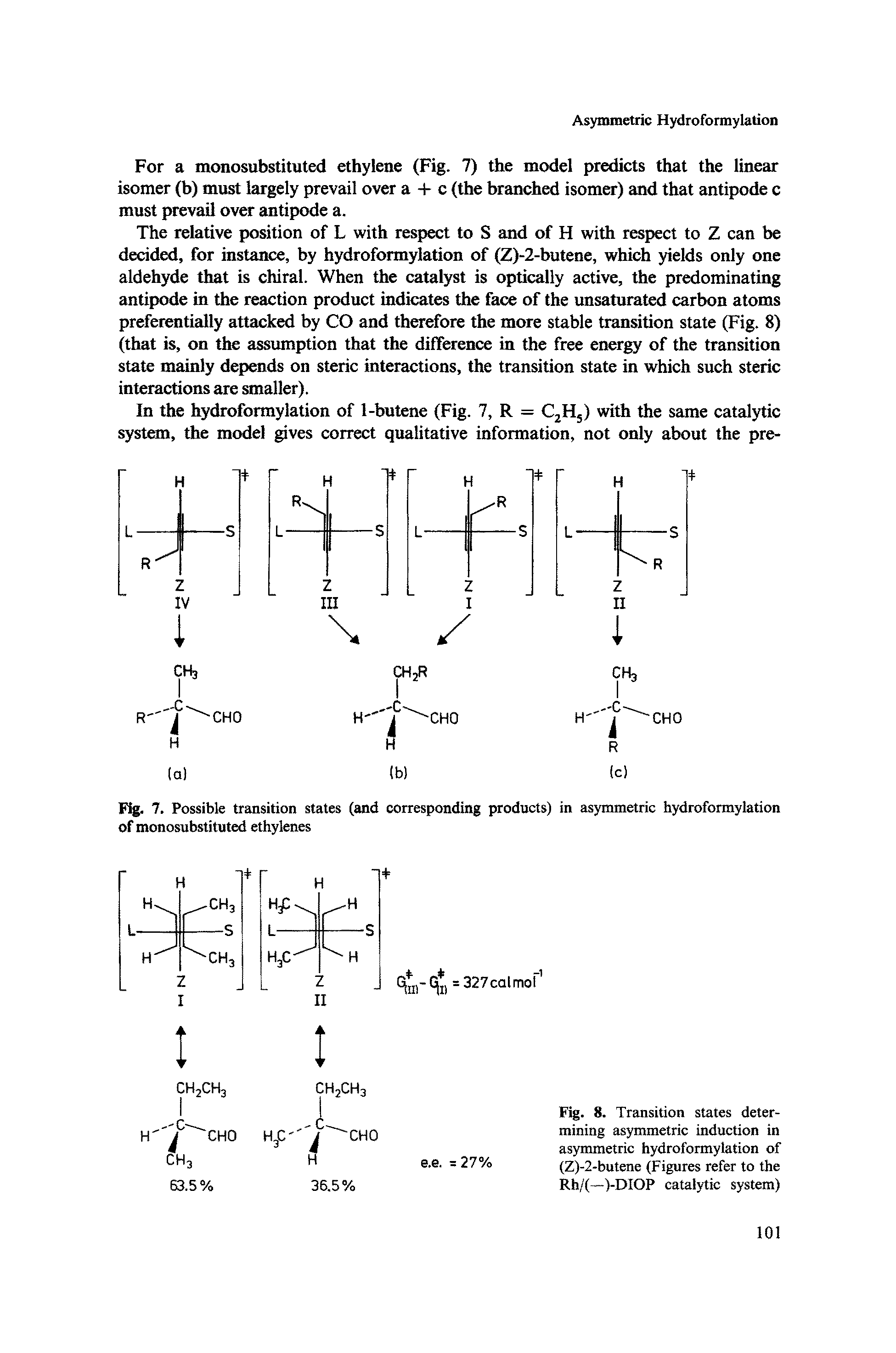 Fig. 8. Transition states determining asymmetric induction in asymmetric hydroformylation of (Z)-2-butene (Figures refer to the Rh/(—)-DIOP catalytic system)...