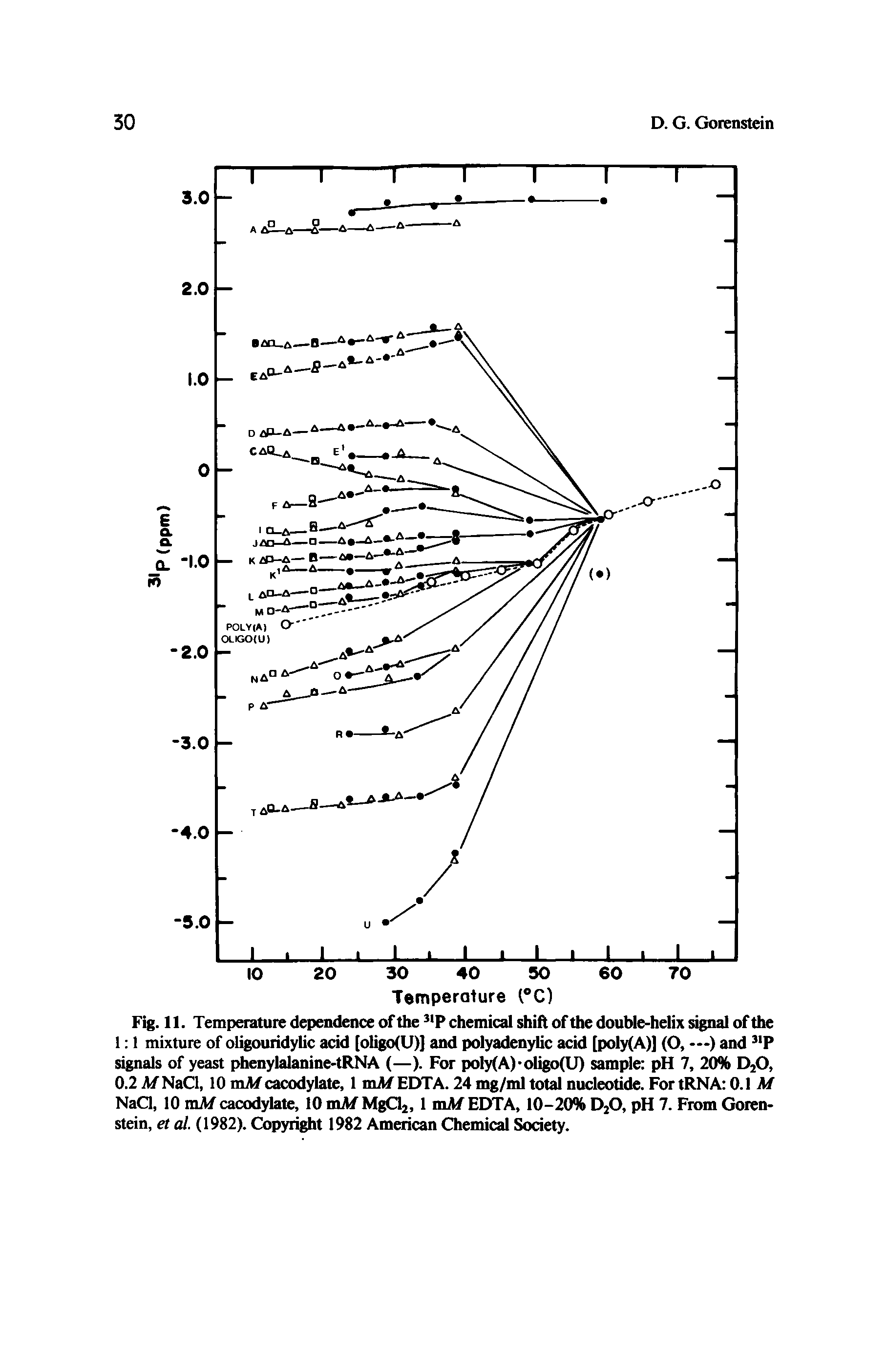 Fig. 11. Temperature dependence of the P chemical shift of the double-helix signal of the 1 1 mixture of oligouiidylic acid [oIigo(U)] and polyadenylic add (poly(A)] (O, —) and P signals of yeast phenylalanine-tRNA (—). For poly(A) oligo(U) sample pH 7, 20% D2O, 0.2 NaCl, 10 mMcacodylate, 1 mil/EDTA. 24 mg/ml total nucleotide. For tRNA 0.1 M NaQ, 10 mM cacodylate, 10 mMMgQ2,1 mAf EDTA, 10-20% D2O, pH 7. From Gorenstein, et al. (1982). Copyright 1982 American Chemical Sodety.