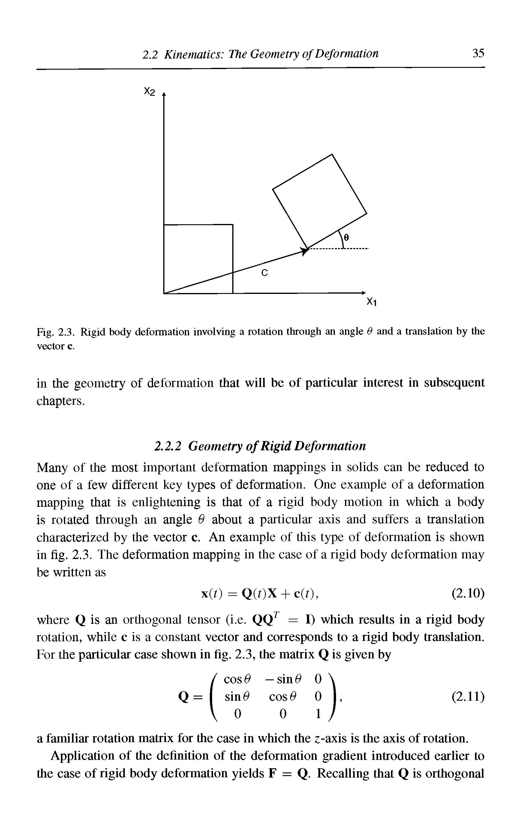 Fig. 2.3. Rigid body deformation involving a rotation through an angle 9 and a translation by the vector c.