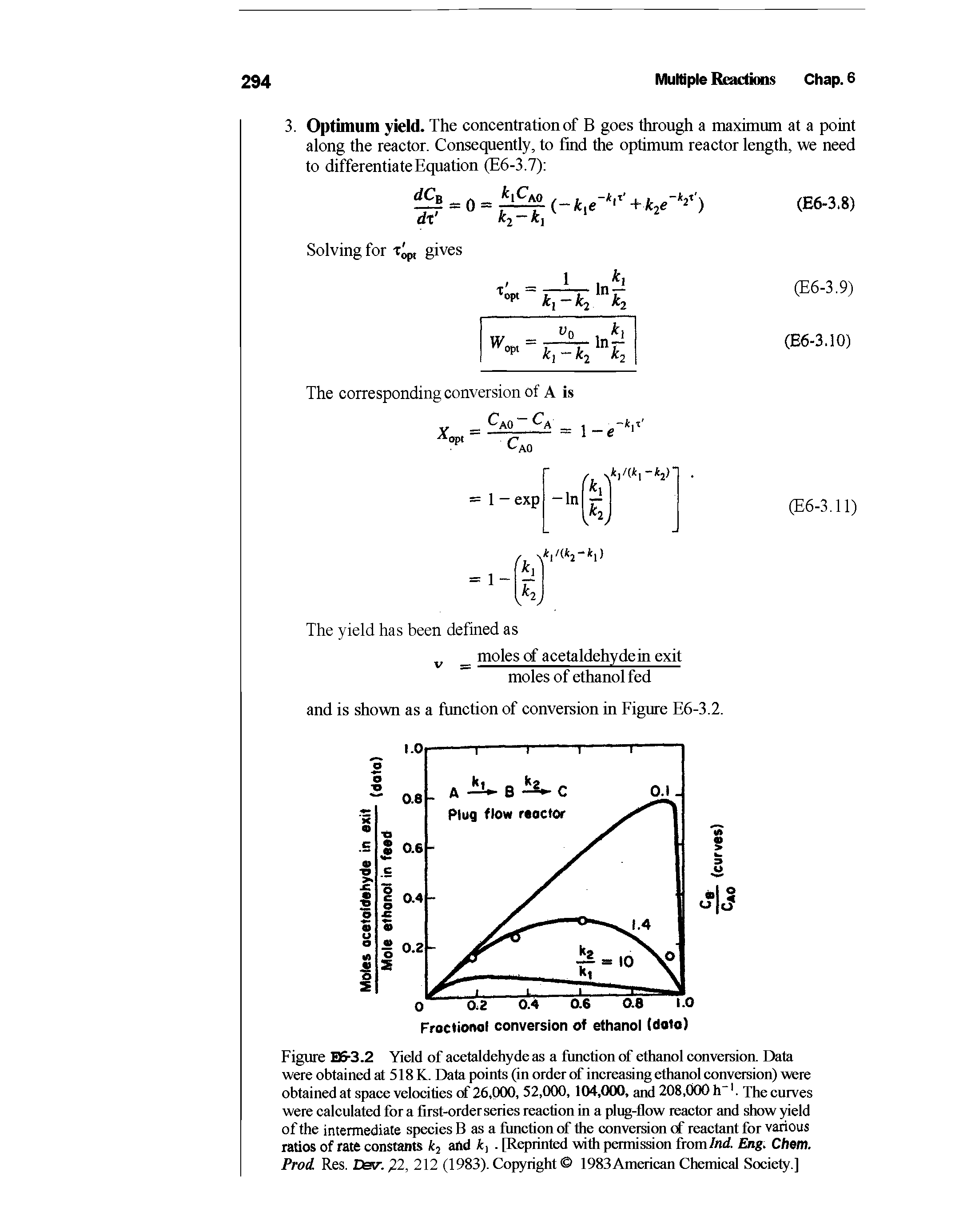 Figure E6-3.2 Yield of acetaldehyde as a function of ethanol conversion. Data were obtained at 518 K. Data points (in order of increasing ethanol conversion) were obtained at space velocities of 26,000, 52,000, 104,000, and 208,000 h". The curves were calculated for a first-order series reaction in a plug-flow reactor and show yield of the intermediate species B as a function of the conversion cf reactant for various ratios of rate constants and [Reprinted with permission from/nd. Eng. Chem. Prod Res. Dev. 22, 212 (1983). Copyright 1983American Chemical Society.]...