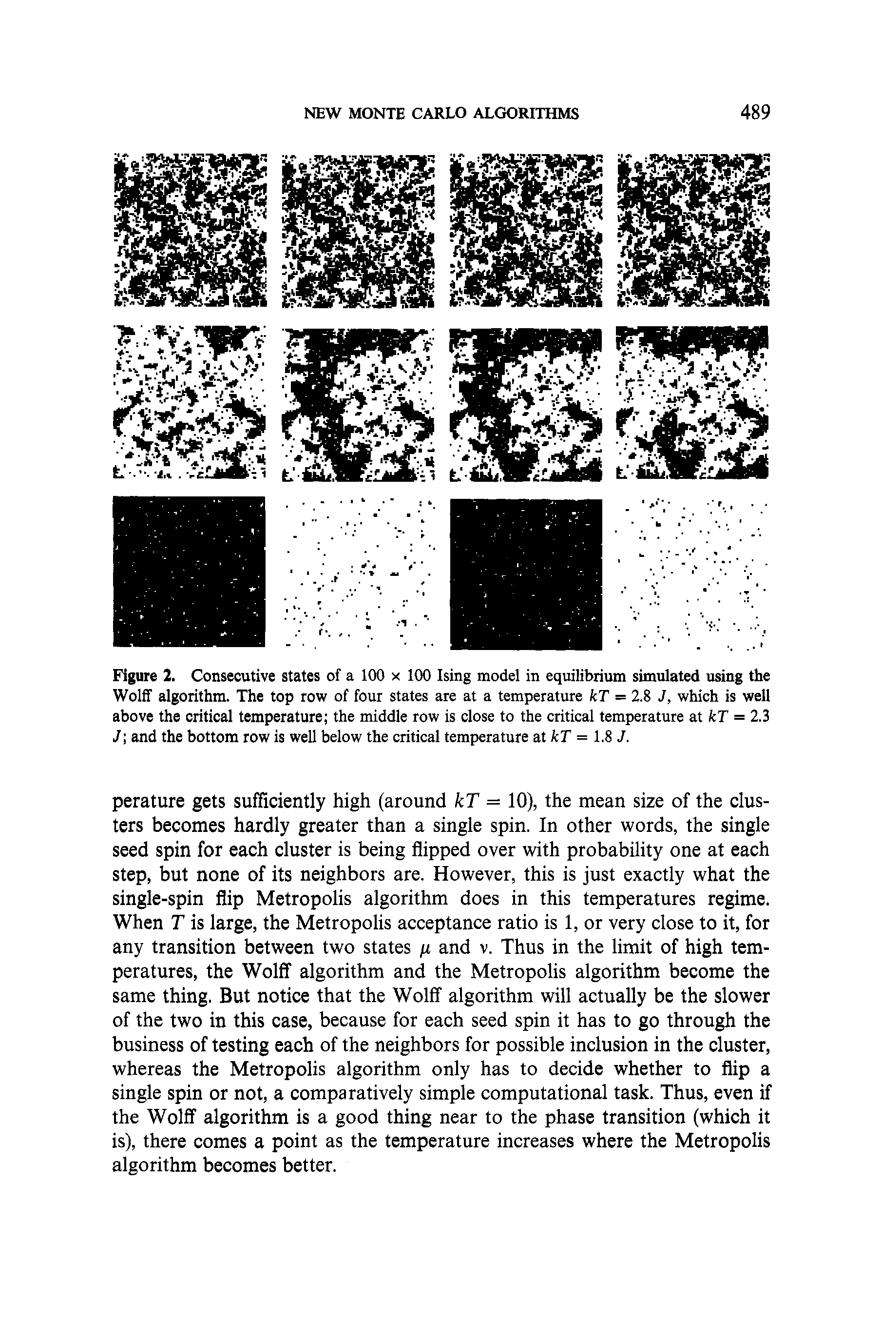 Figure 2. Consecutive states of a 100 x 100 Ising model in equilibrium simulated using the Wolff algorithm. The top row of four states are at a temperature kT = 2.8 J, which is well above the critical temperature the middle row is close to the critical temperature at kT = 2.3 J-, and the bottom row is well below the critical temperature at kT = 1.8 J.